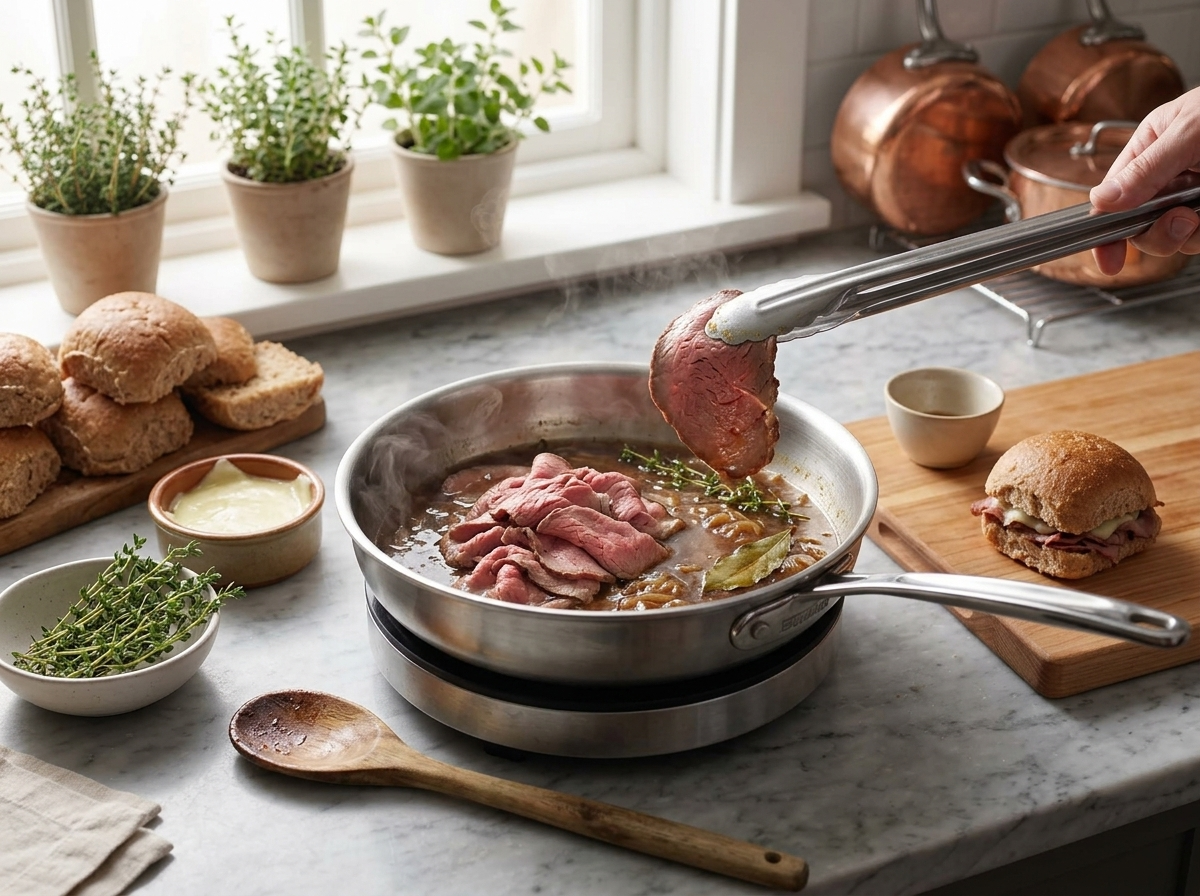 Thin roast beef slices warming in a saucepan of onion jus, lifted with tongs as steam rises off the surface