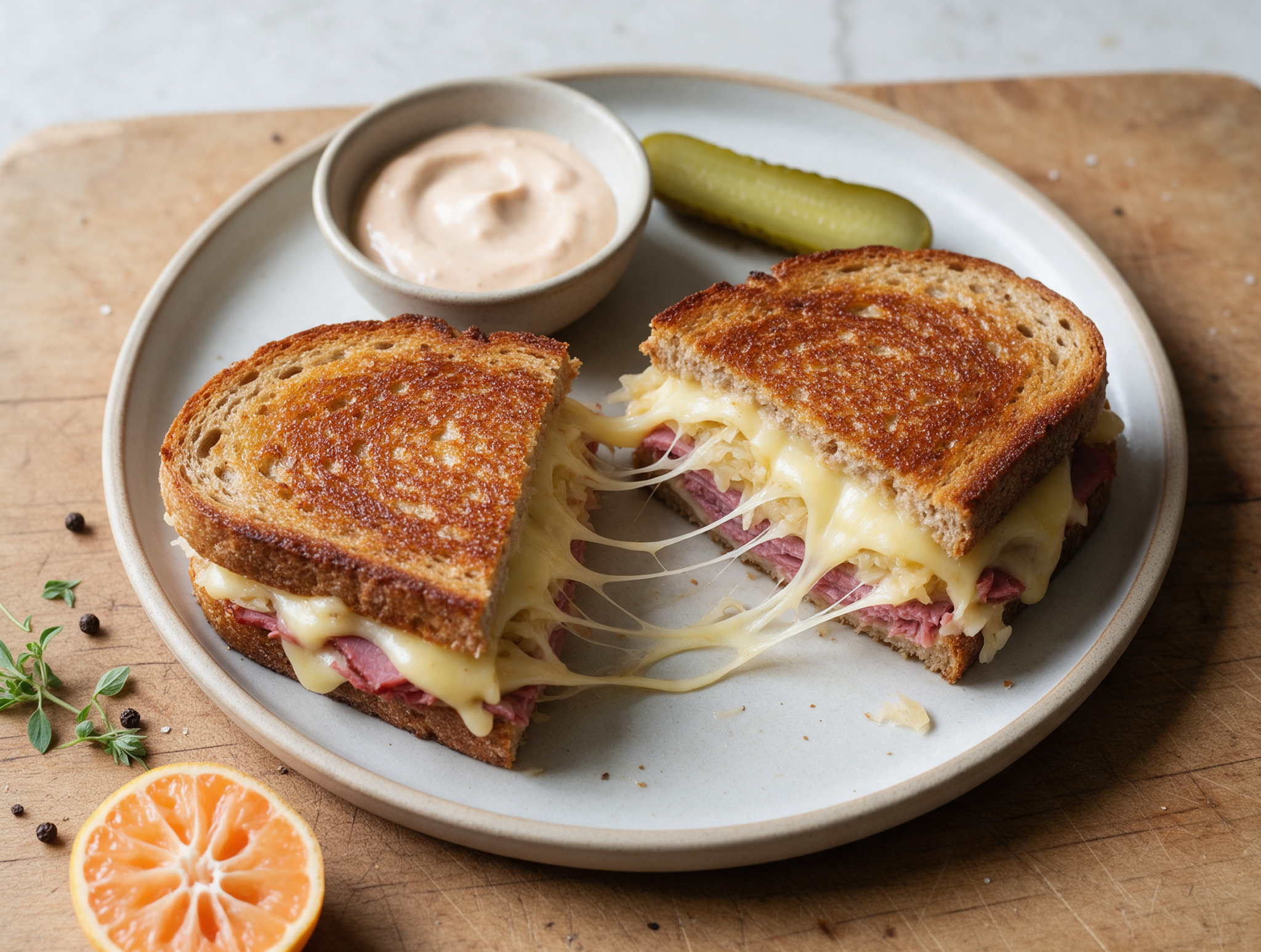 Pan-toasted spelt Reuben toastie cut in half on a wooden board, showing melted Swiss, corned beef and sauerkraut