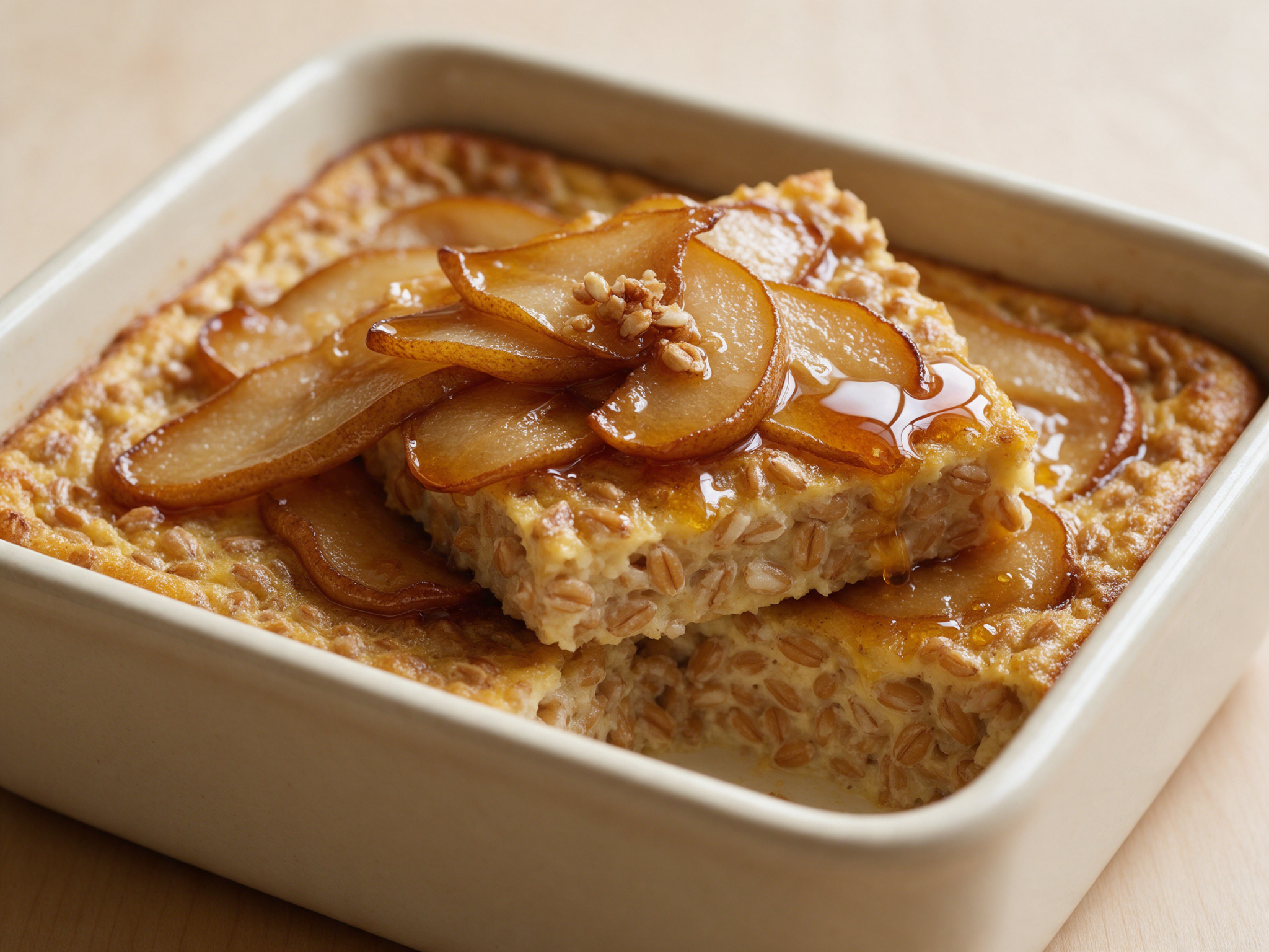 Baked spelt flake porridge topped with caramelised pear slices and maple syrup
