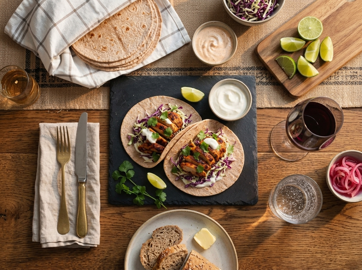 Family table set with slaw, crema, lime wedges and a platter of chicken ready to assemble