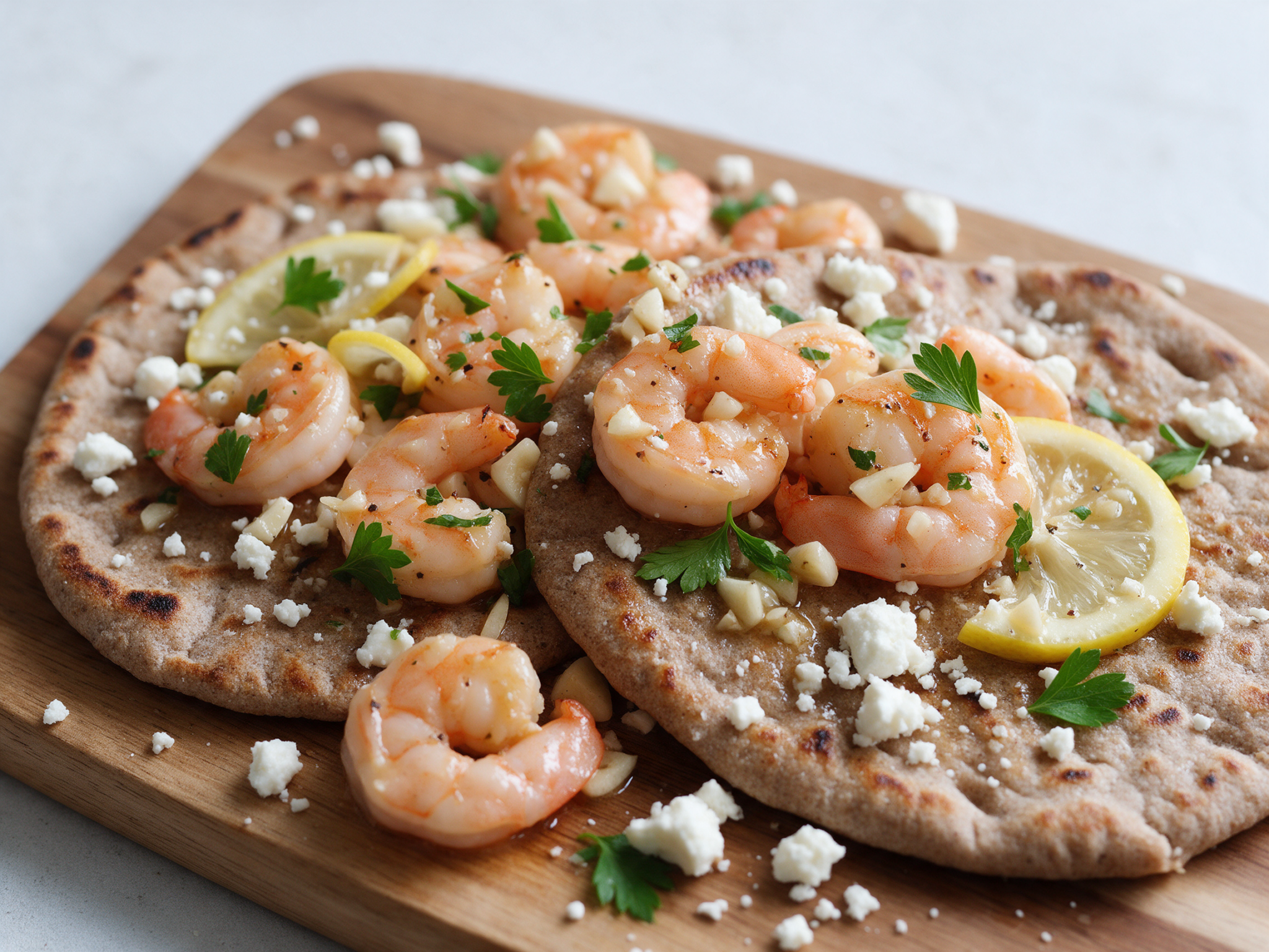Charred-edge spelt flatbreads topped with seared garlic prawns, lemon slices and parsley on a board