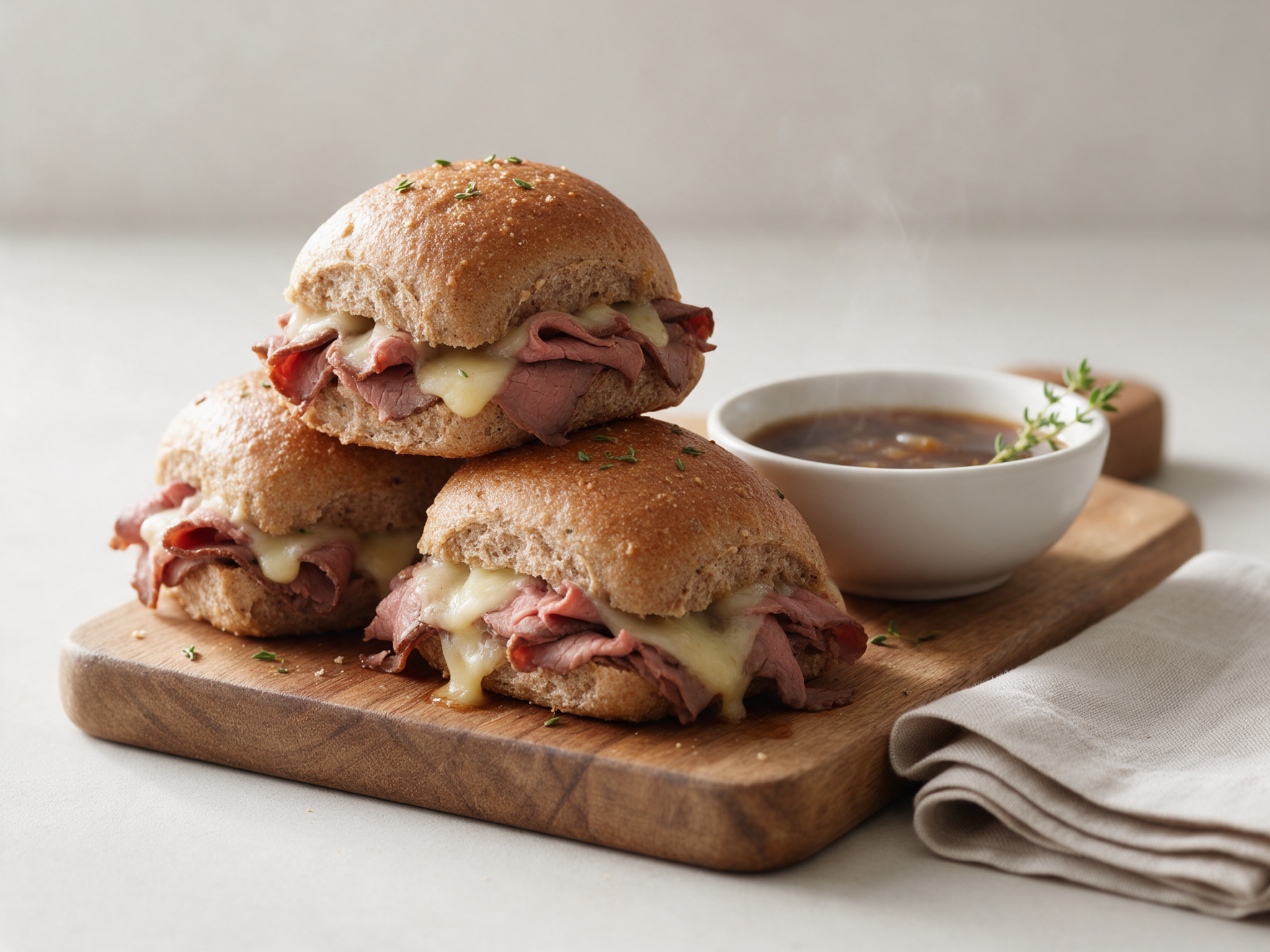 Baked spelt French dip rolls stacked with roast beef and melted Swiss beside a bowl of jus on a wooden board