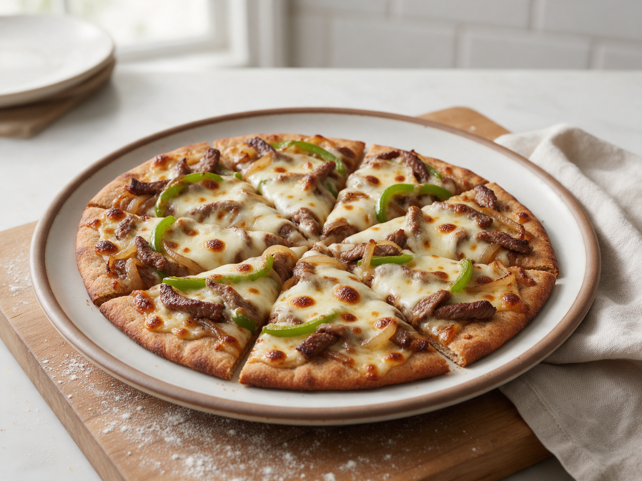 Baked spelt flatbread with browned provolone, sliced steak and green pepper cut into wedges on a wooden board