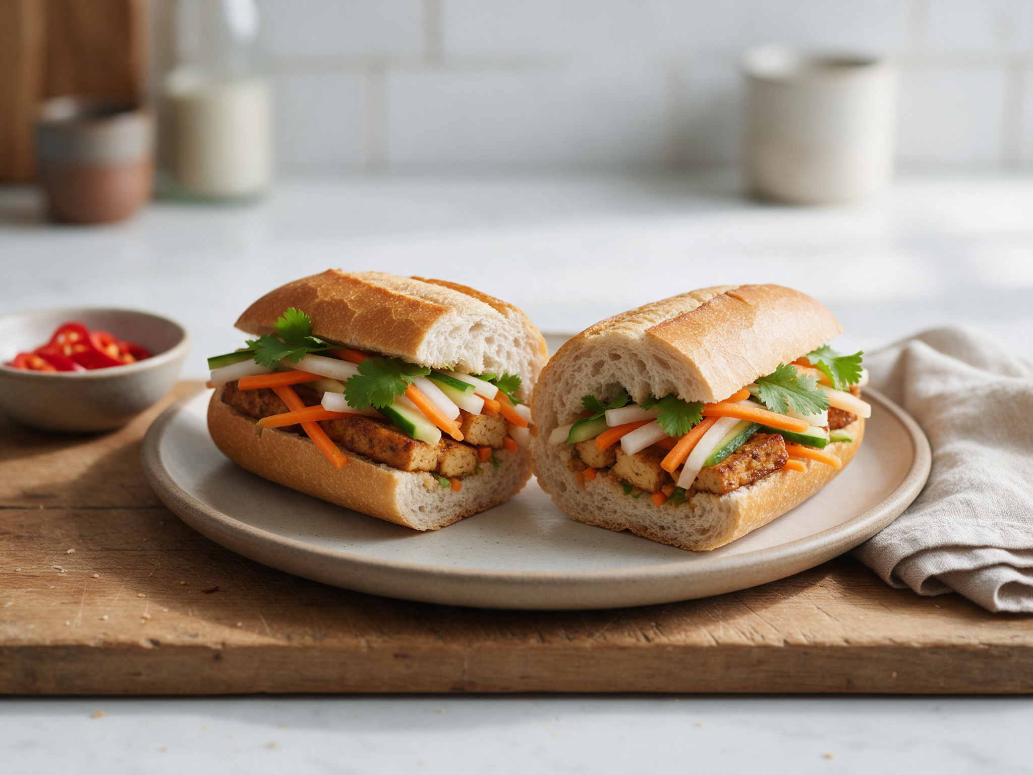 Two split spelt bánh mì rolls packed with golden tofu, pickled carrot, cucumber, and cilantro on a wooden board