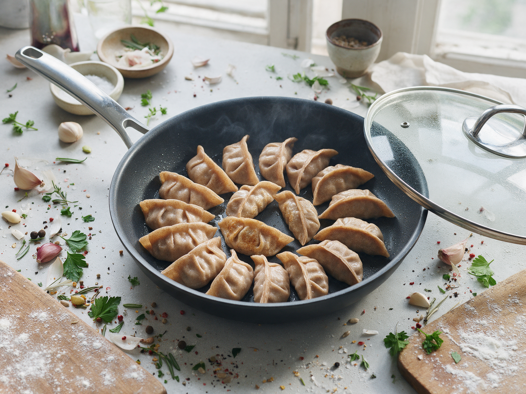 Sixteen spelt gyoza in a ring in a nonstick skillet, bases turning golden as water steams off