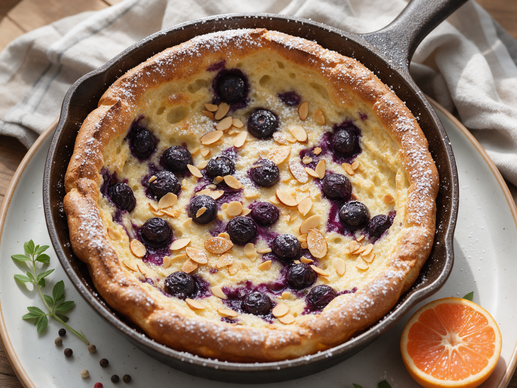 Puffed blueberry almond Dutch baby in a cast iron skillet