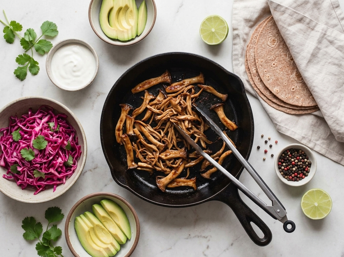 King oyster mushroom strands browning in a cast-iron skillet as a cook turns them with tongs