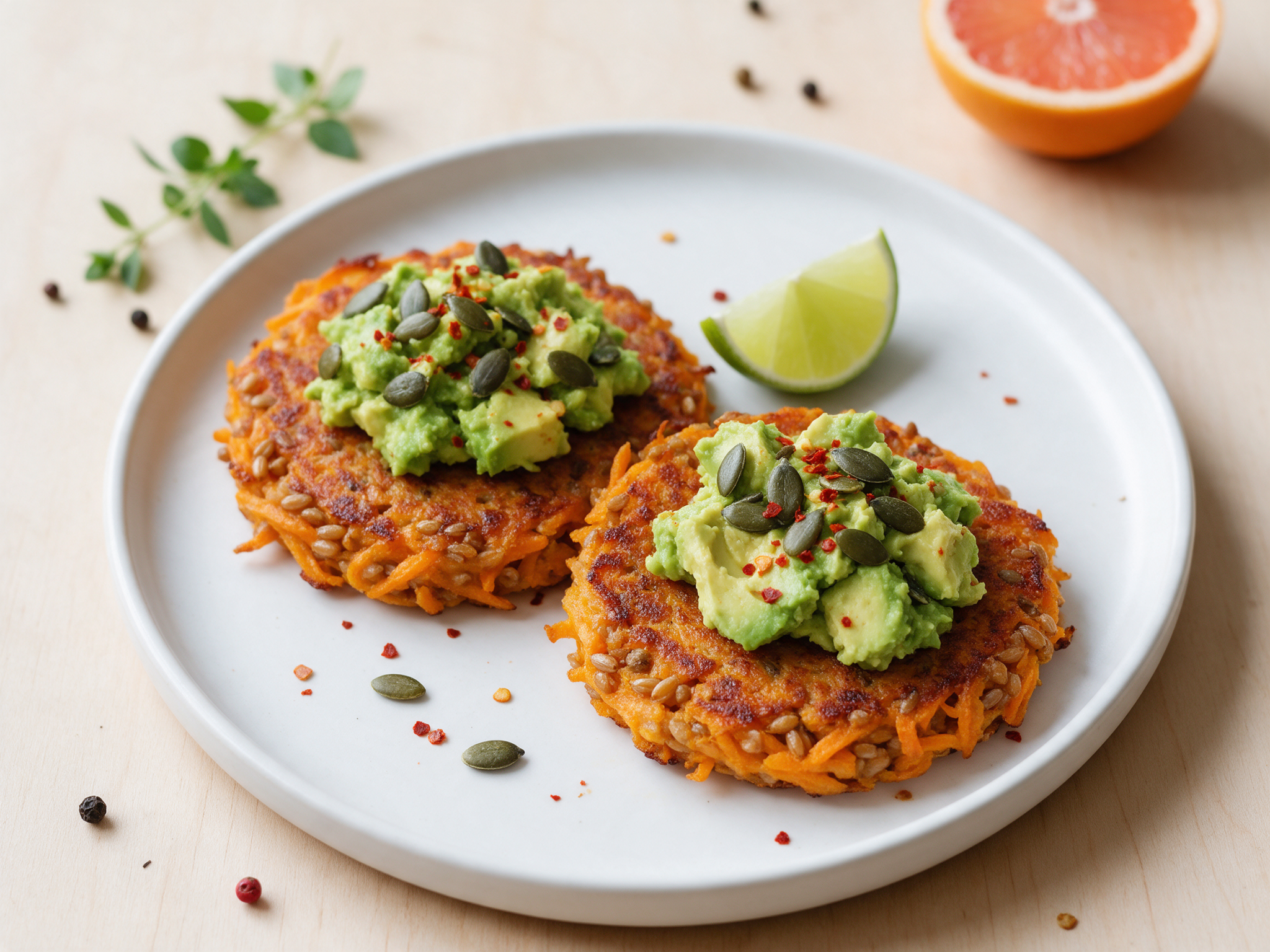 Two golden sweet potato rosti topped with smashed avocado and pumpkin seeds on a white plate, wooden table