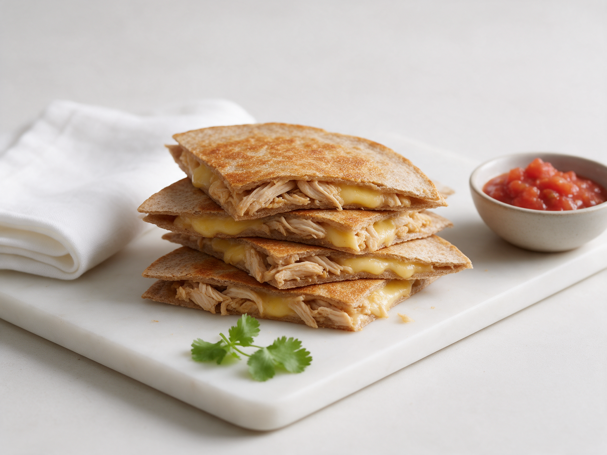 Golden spelt quesadilla wedges stacked on a marble board with shredded chicken, melted cheddar and a lime half
