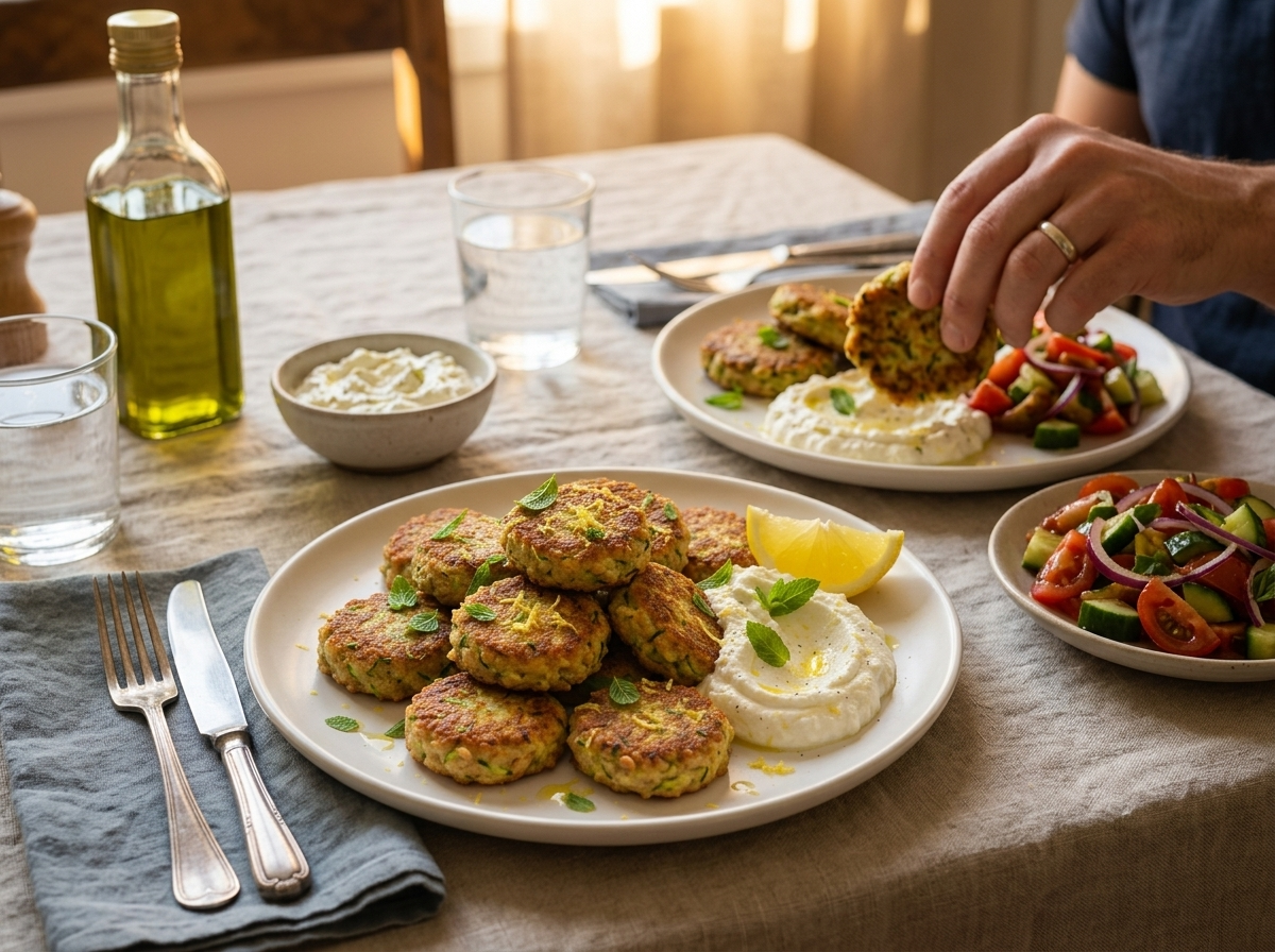 Two plates of fritters with whipped feta and a tomato salad on a linen-covered table set for a weekend lunch