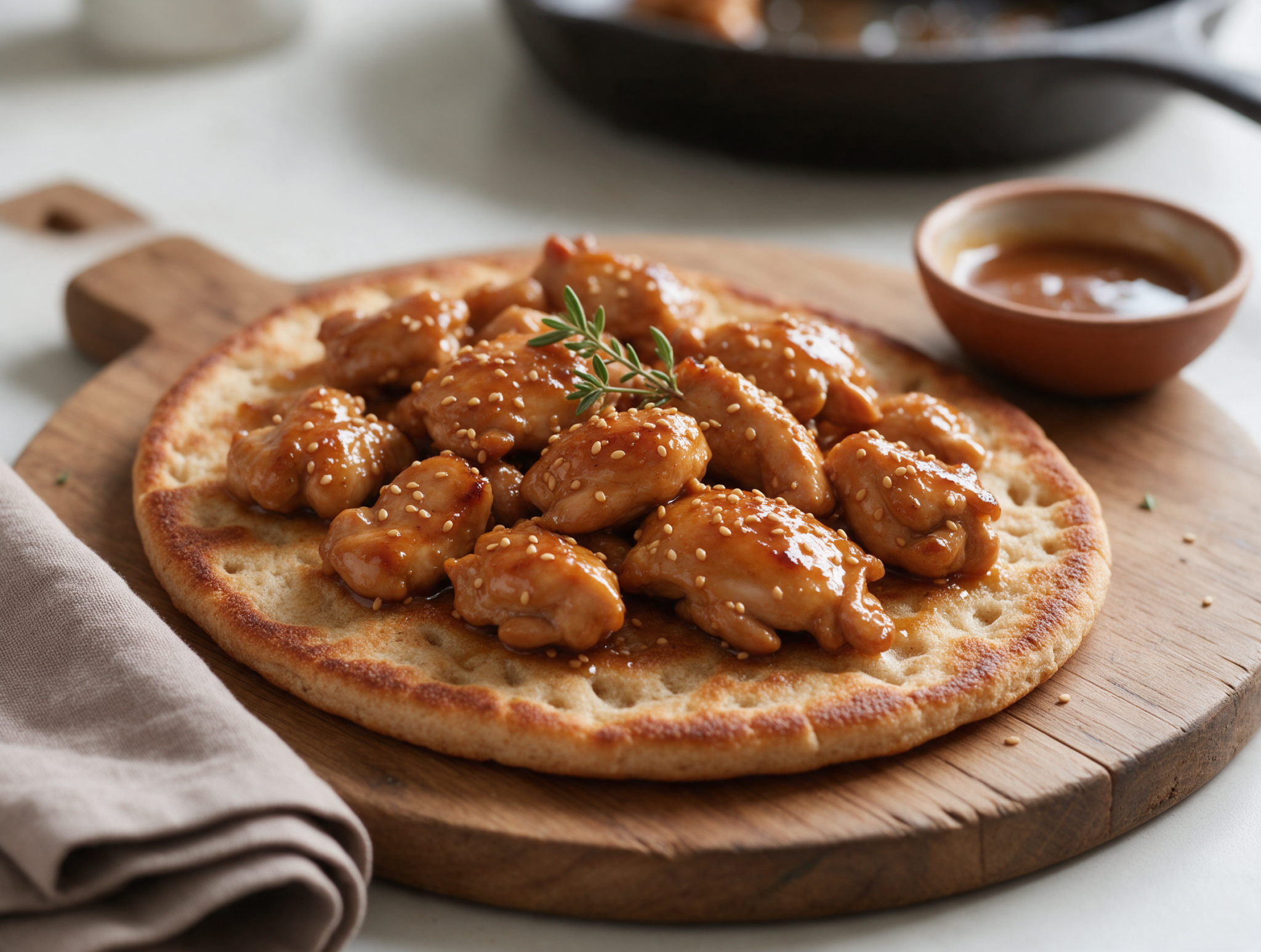 Toasted spelt flatbread topped with glossy sesame chicken pieces and seeds on a wooden board