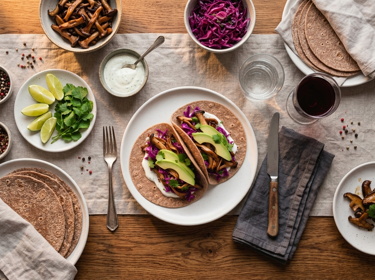 Friends assembling tacos at a wooden table with bowls of lime crema, cilantro and lime wedges nearby