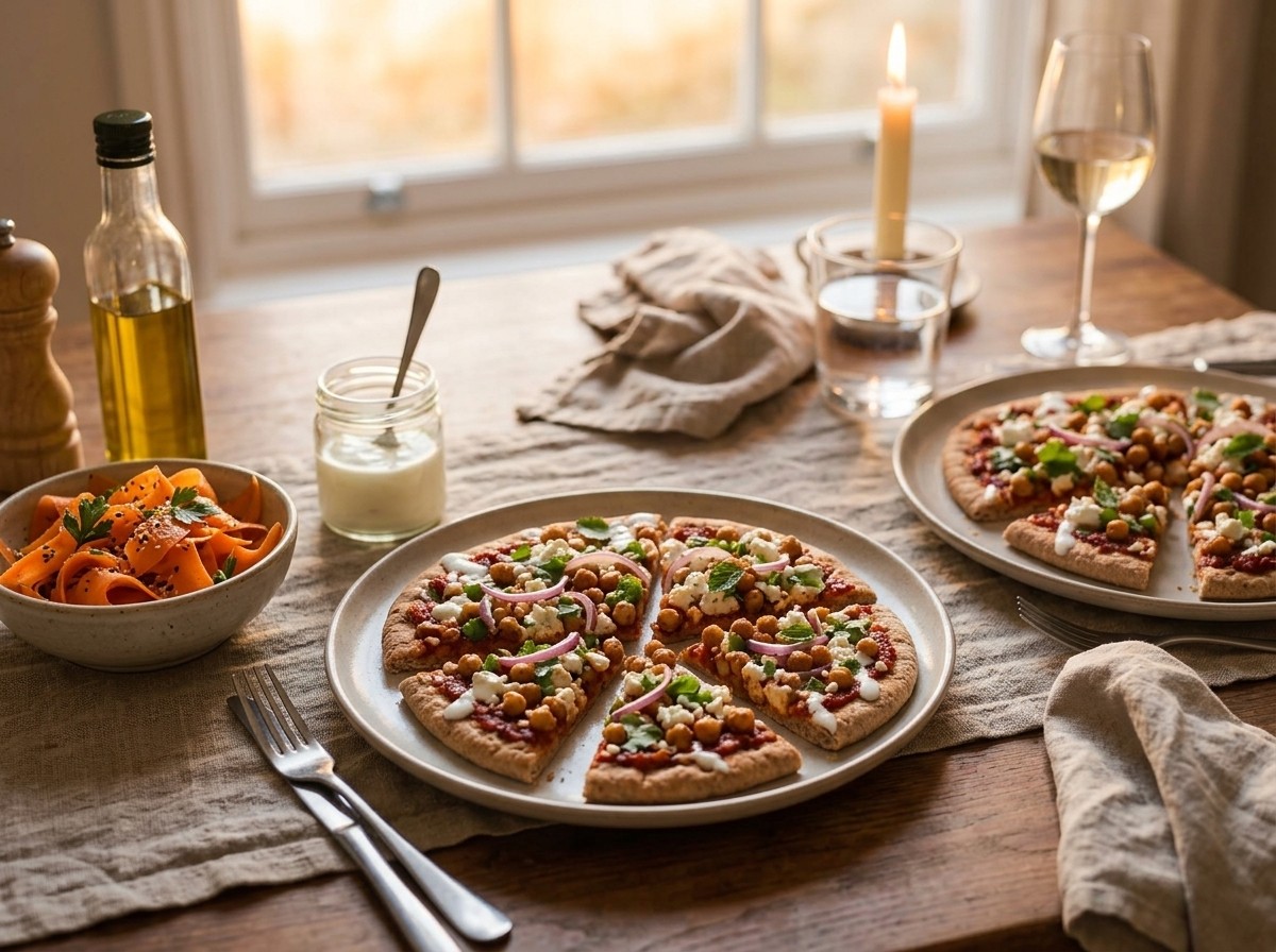 Two plates of cut slices beside a carrot salad and water glasses on a linen-covered table