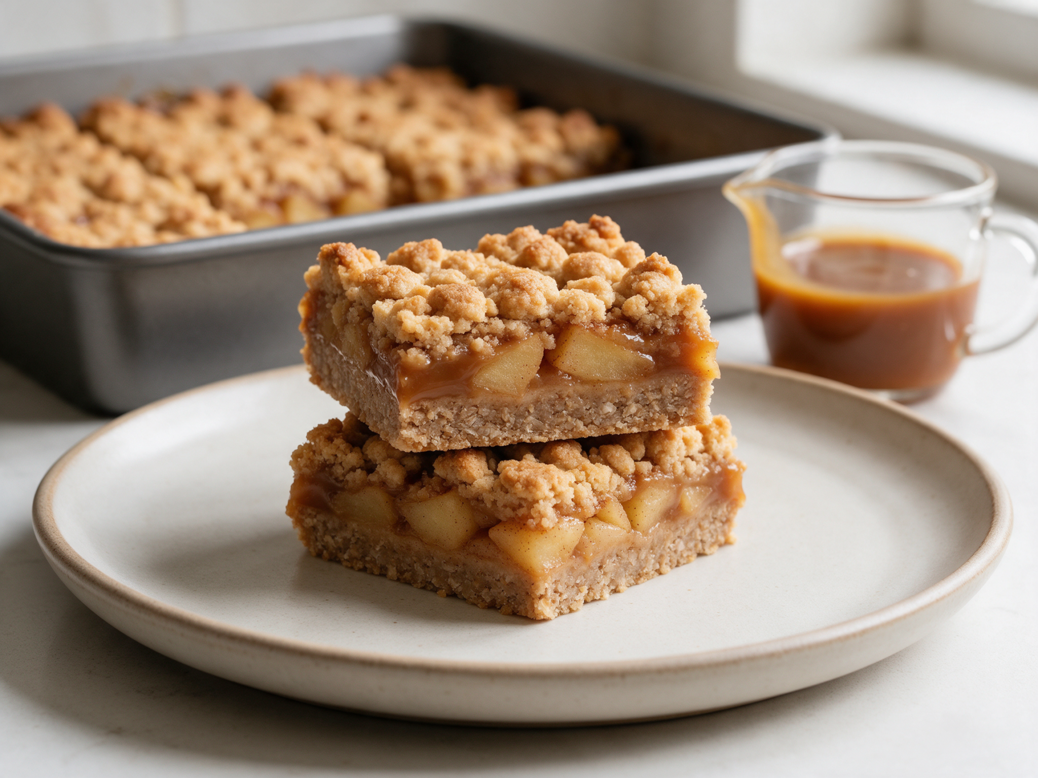 Spelt caramel apple crumble bars stacked, showing apple and caramel layers