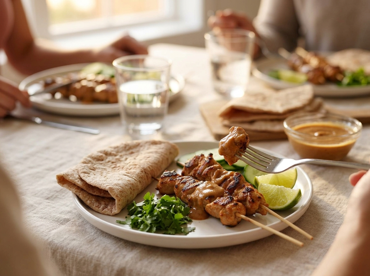 Two plates of skewers and folded flatbread with a small bowl of dipping sauce on a linen-covered table by a window