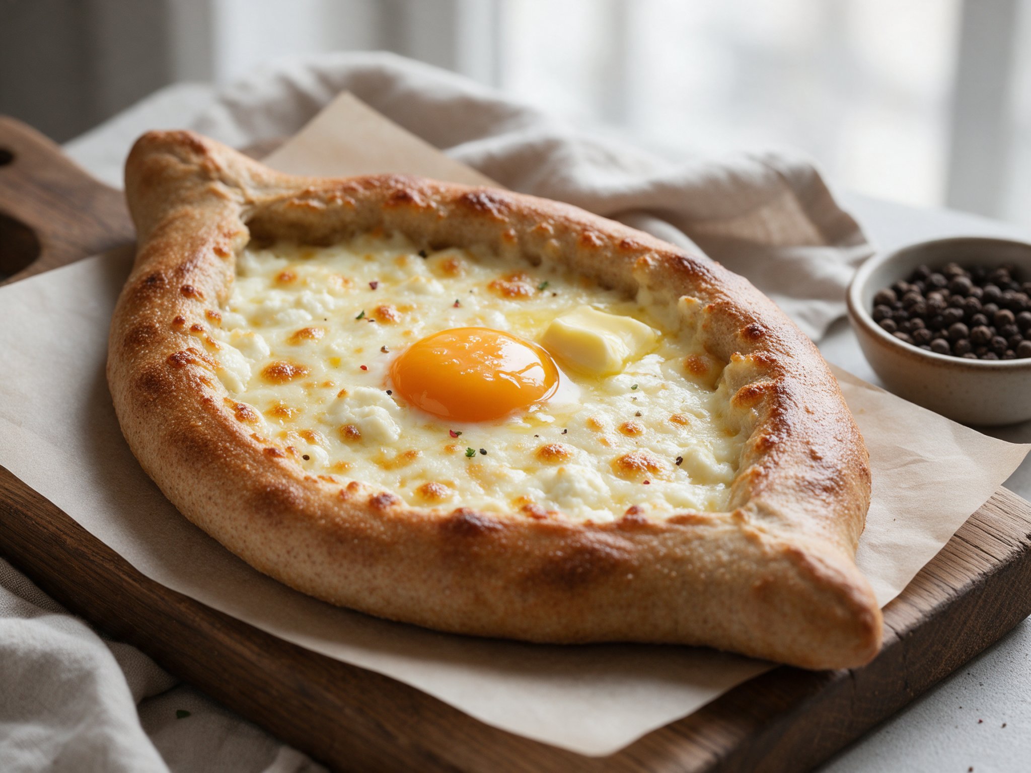 Golden spelt khachapuri boat with melted cheese, a runny egg yolk and butter on a linen-covered wooden table