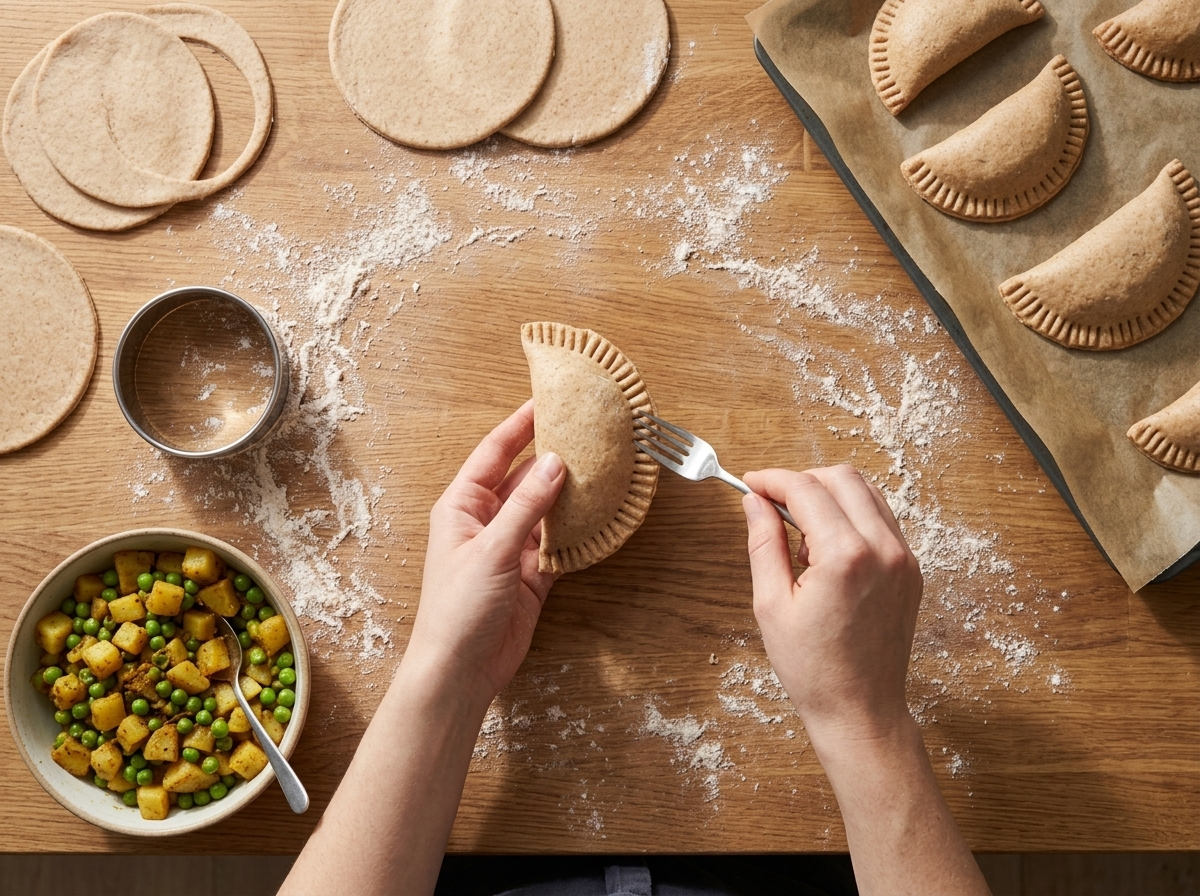 Fork crimping the edge of a half-moon pie on a floured counter beside rounds of dough and filling