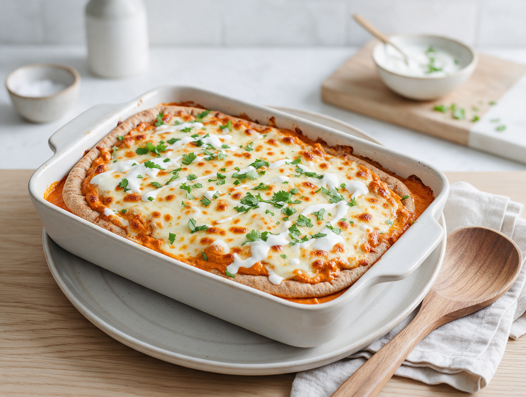 Golden spelt flatbread bake topped with butter chicken, melted mozzarella and coriander on a linen-lined wooden board