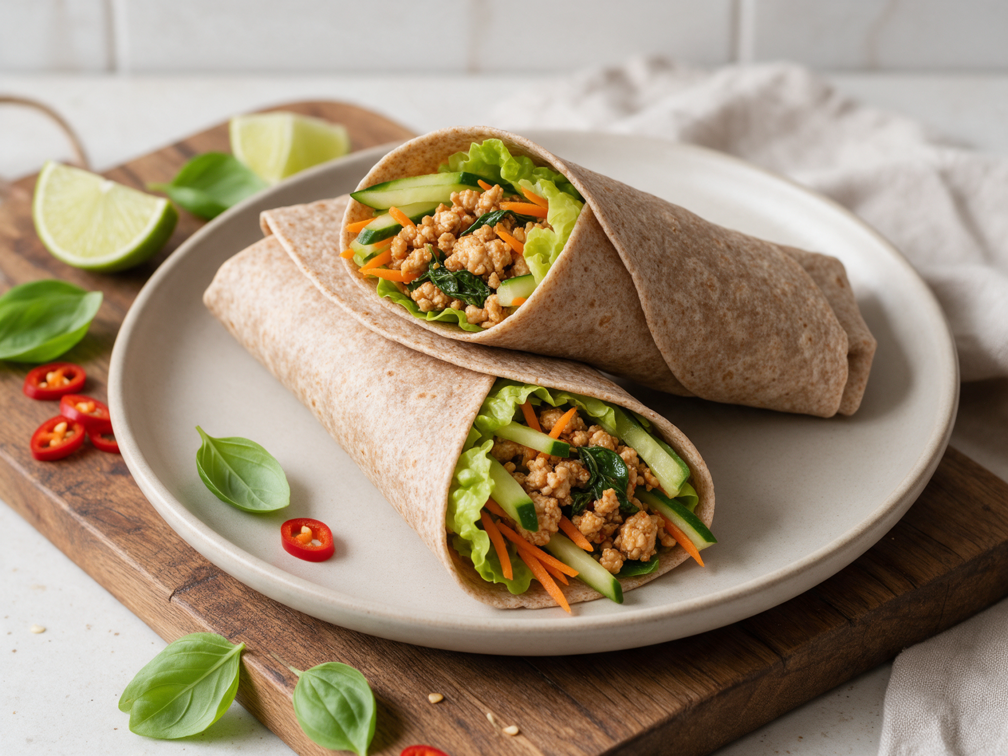 Two spelt wraps filled with Thai basil chicken, cucumber and carrot on a wooden board with lime wedges