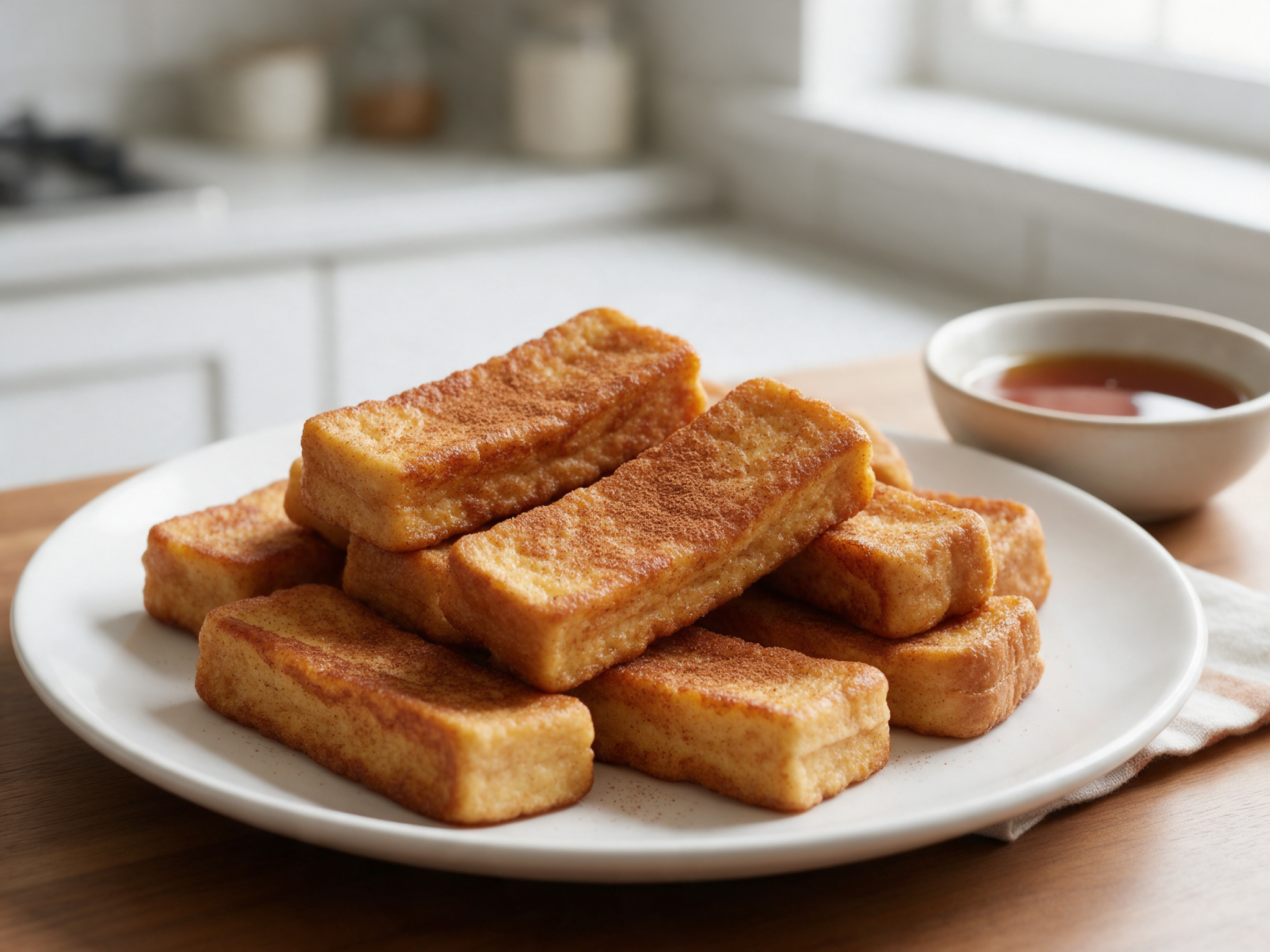 Stack of golden French toast sticks with a small bowl of maple syrup
