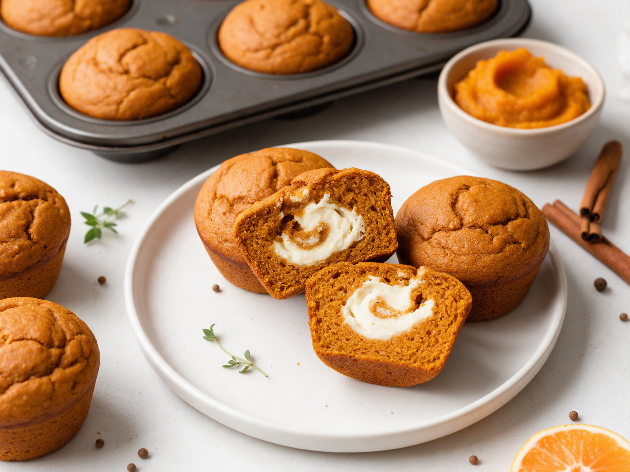 Pumpkin muffin halved to show a cream cheese center, on a plate by a window
