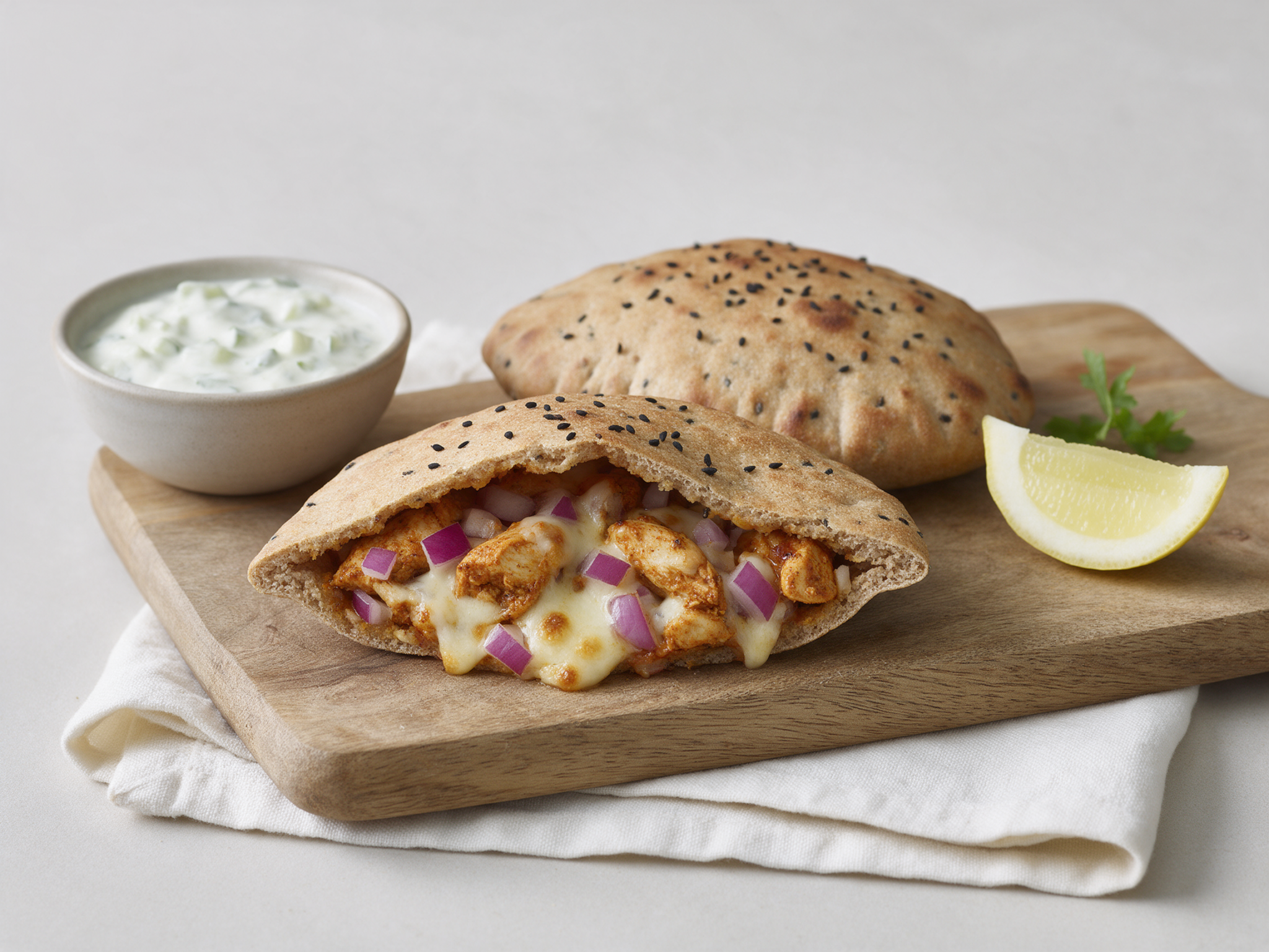 Golden baked spelt naan pocket cut open to show tandoori chicken and melted mozzarella on a linen-lined board