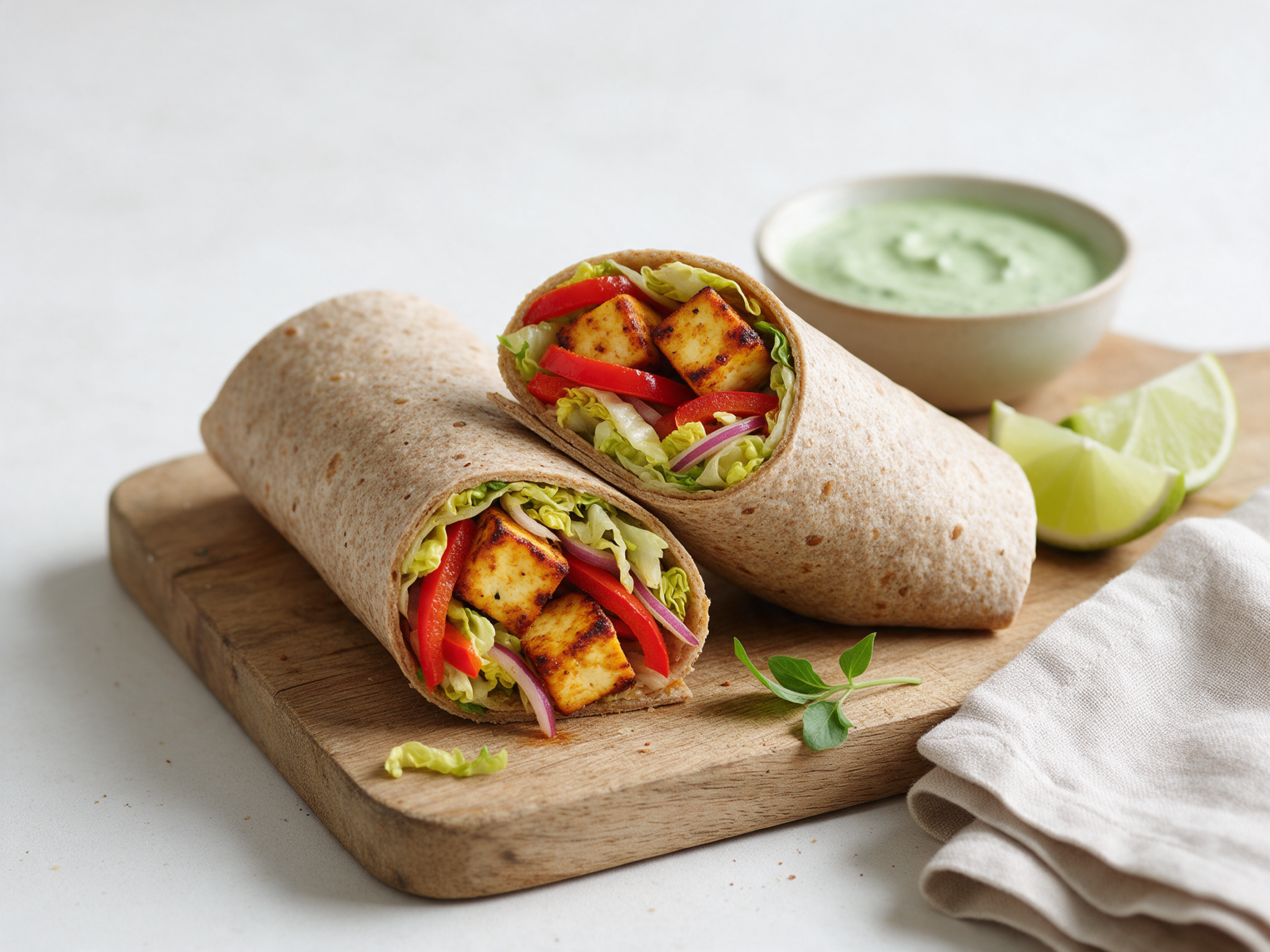 Two spelt paneer tikka wraps cut on the diagonal on a wooden board with mint yogurt and lime