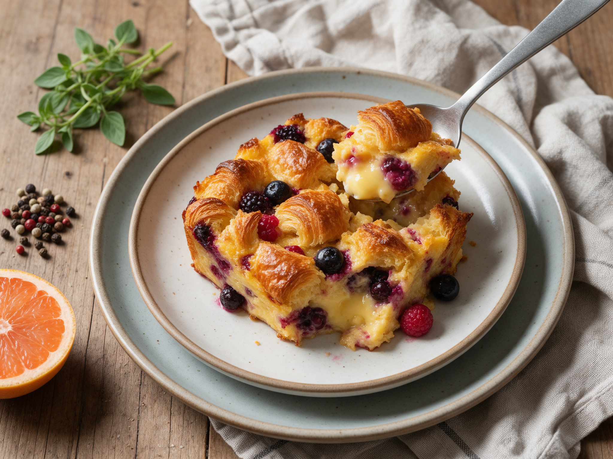Golden croissant bread pudding with berries and a soft custard center