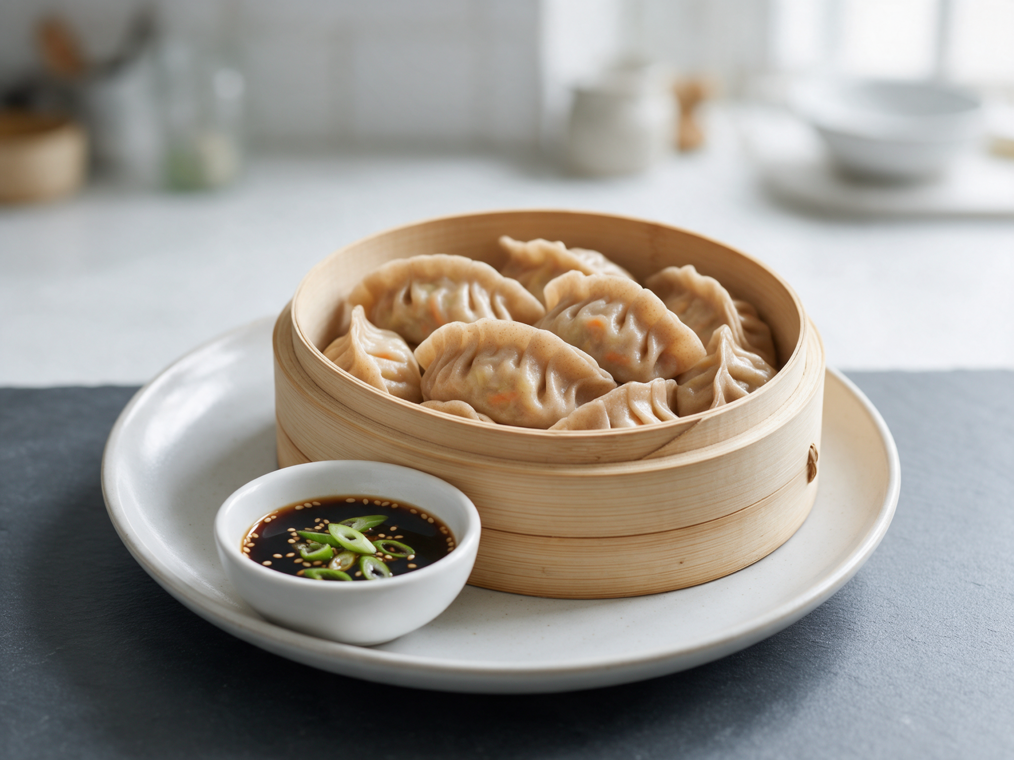 Bamboo steamer of pleated spelt dumplings with cabbage filling beside a small bowl of soy dipping sauce