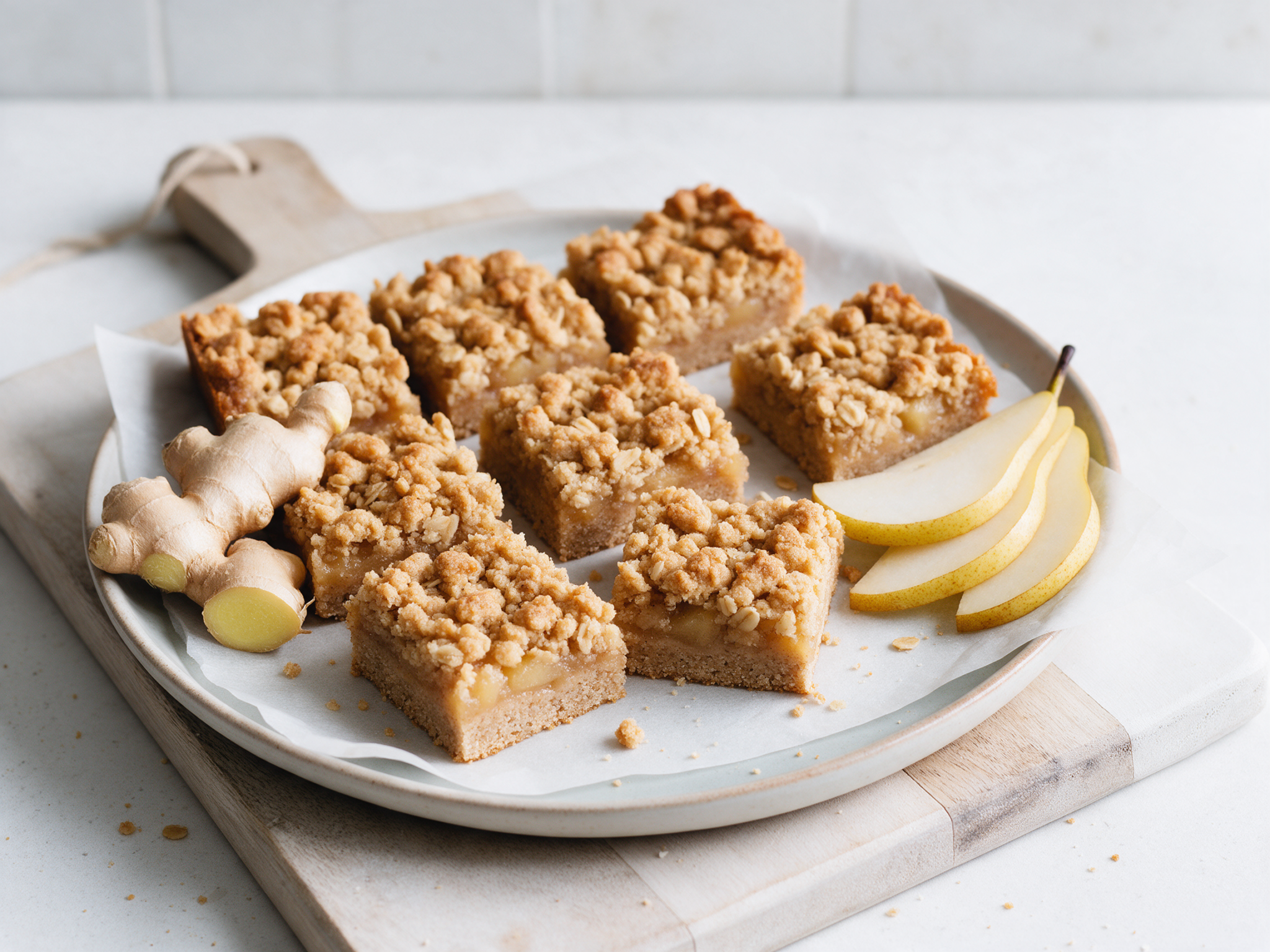 Pear crumble bars with oat topping on parchment next to fresh ginger root