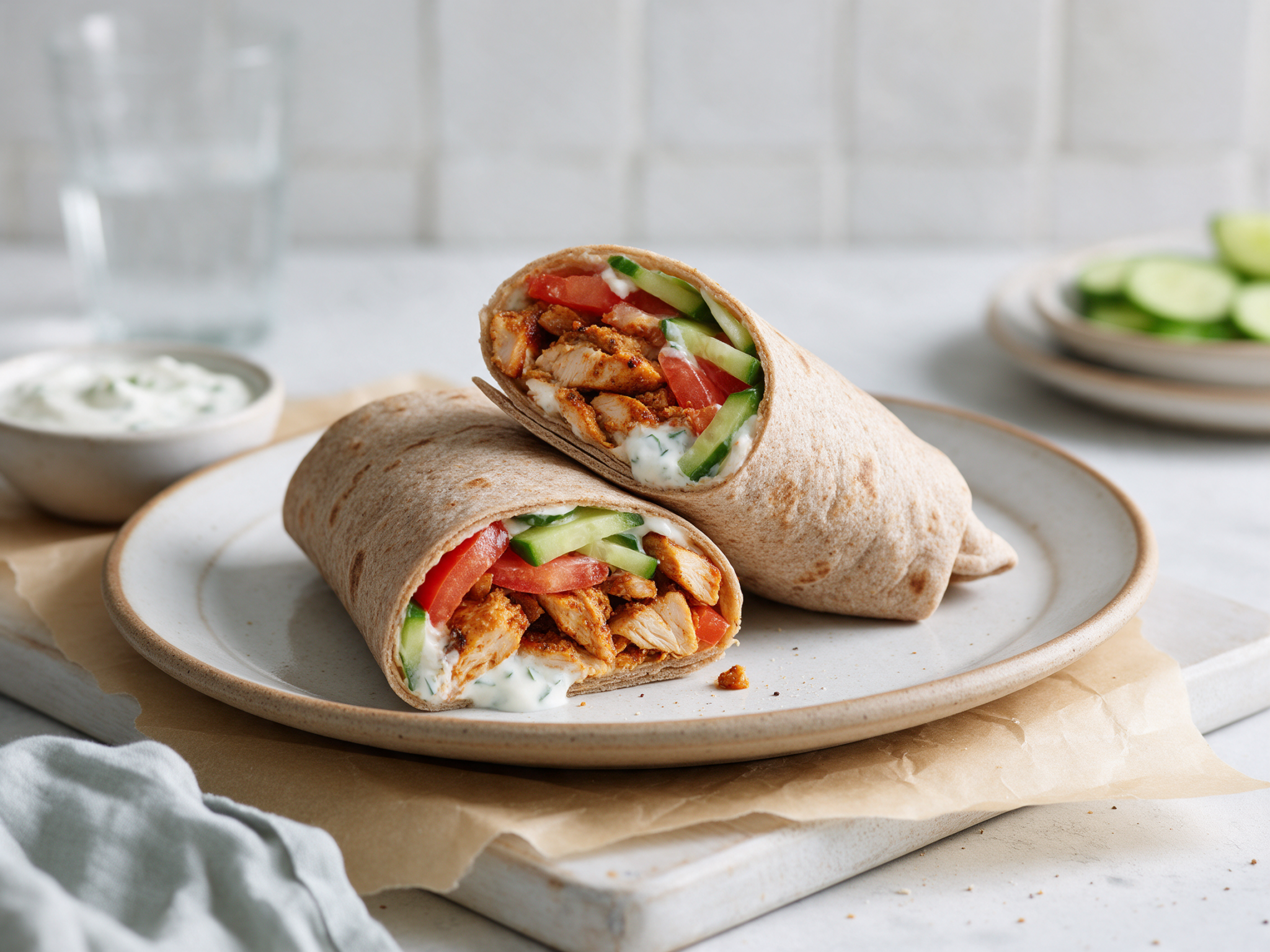 Halved spelt wrap showing spiced shawarma chicken, tomato, cucumber and garlic yogurt sauce