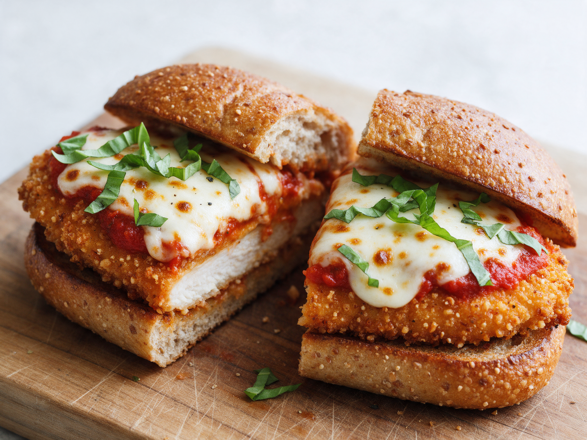 Spelt chicken parmesan sandwich halved on a wooden board with melted mozzarella and tomato sauce