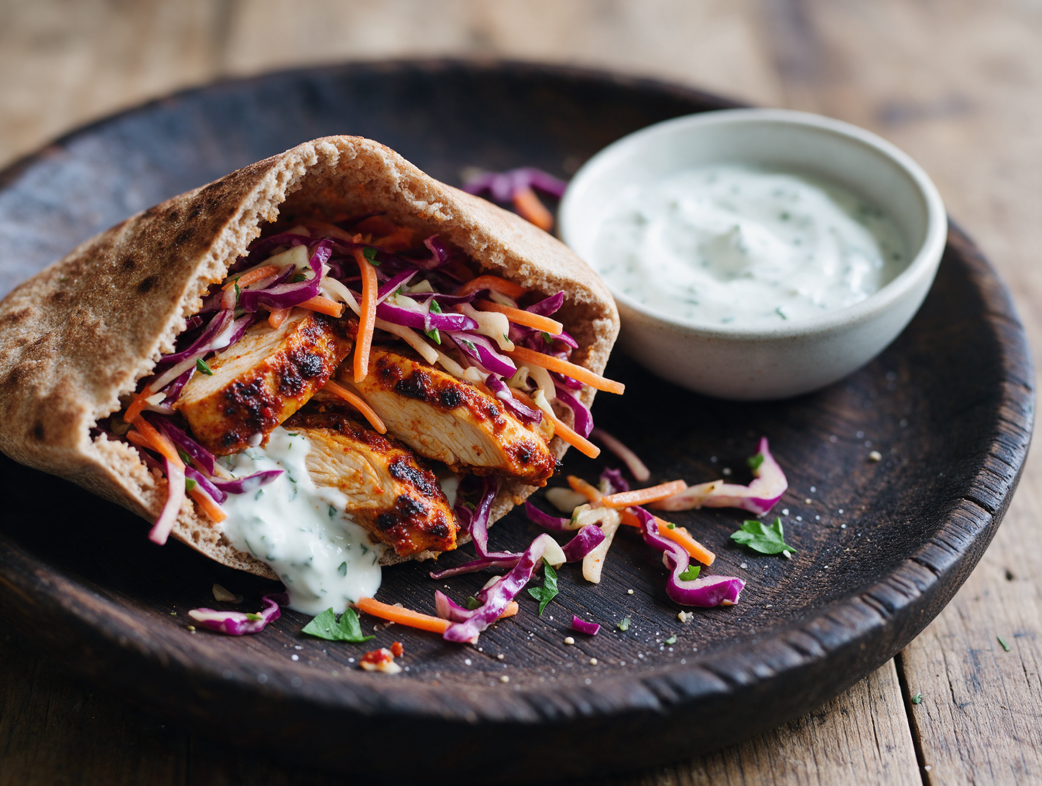 Spelt pitta pocket filled with charred harissa chicken, red cabbage slaw and herby yogurt