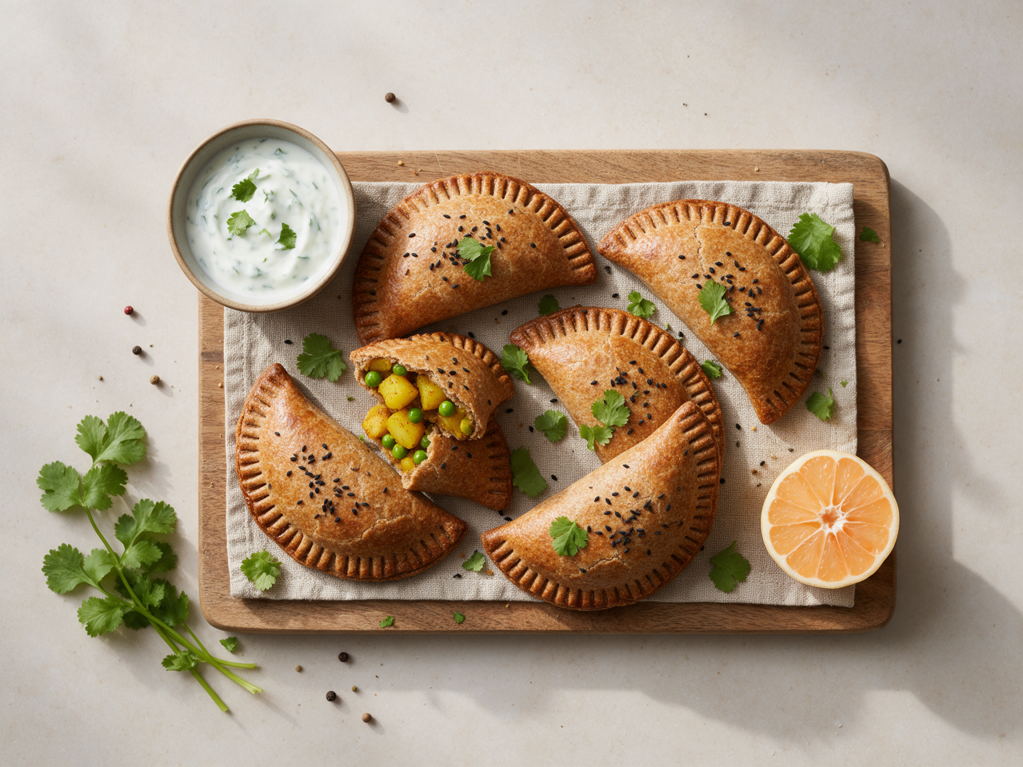 Baked spelt samosa hand pies on a wooden board, one split open to show spiced potato and peas