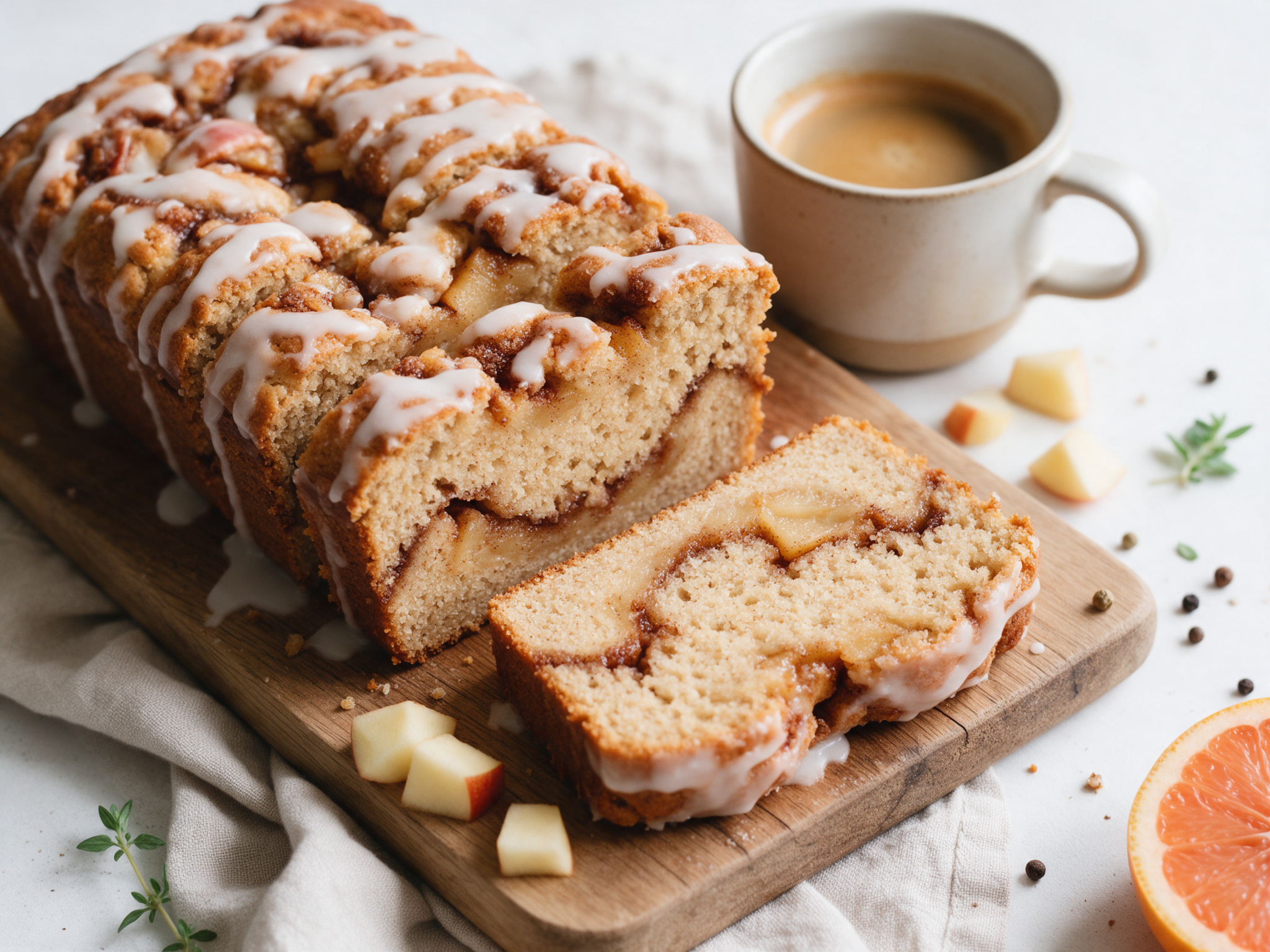 Sliced spelt apple fritter loaf with cinnamon swirl and vanilla glaze on a board