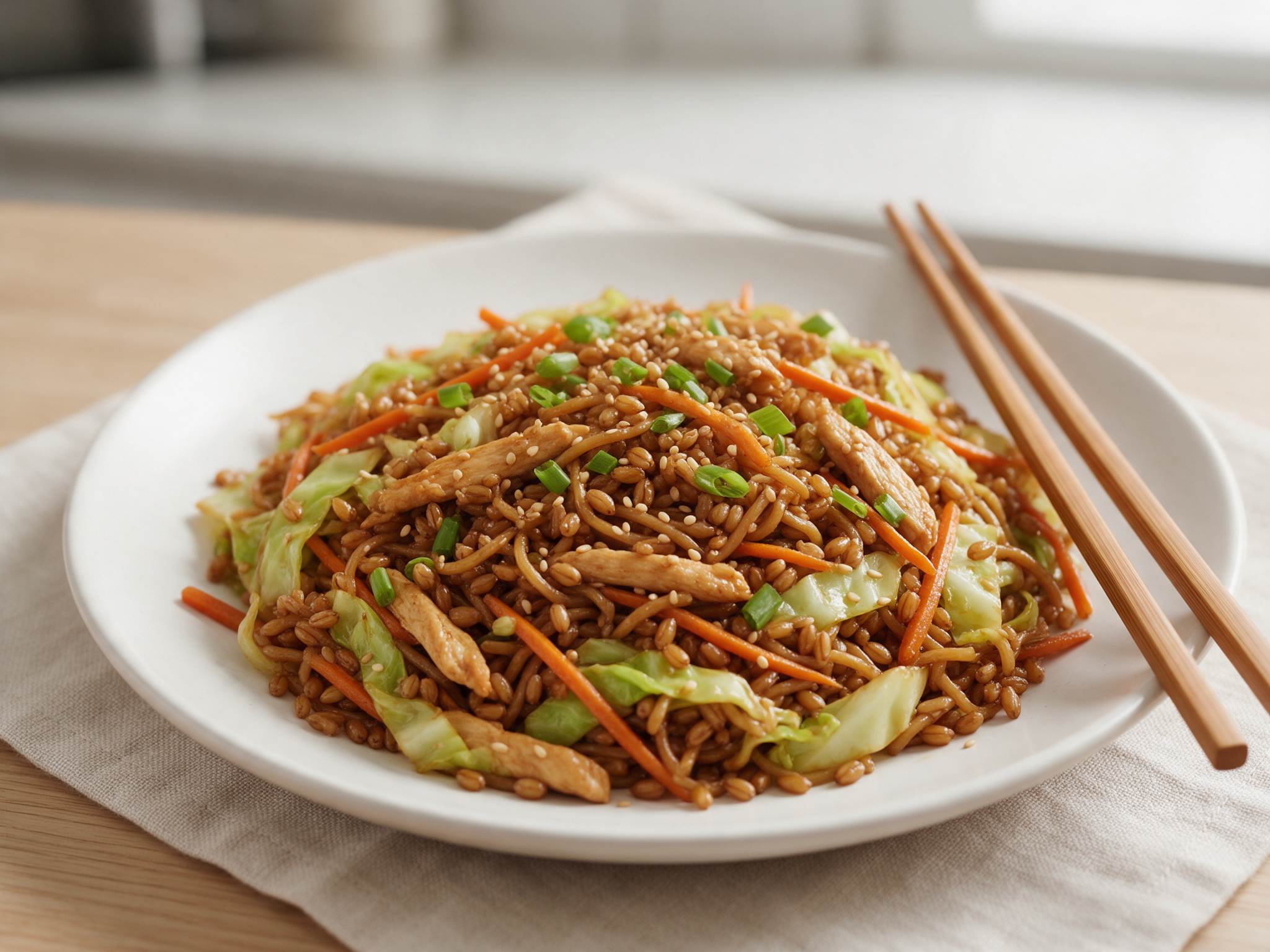 Stir-fried spelt noodles with cabbage, carrot and chicken in a white bowl on linen, shot from above