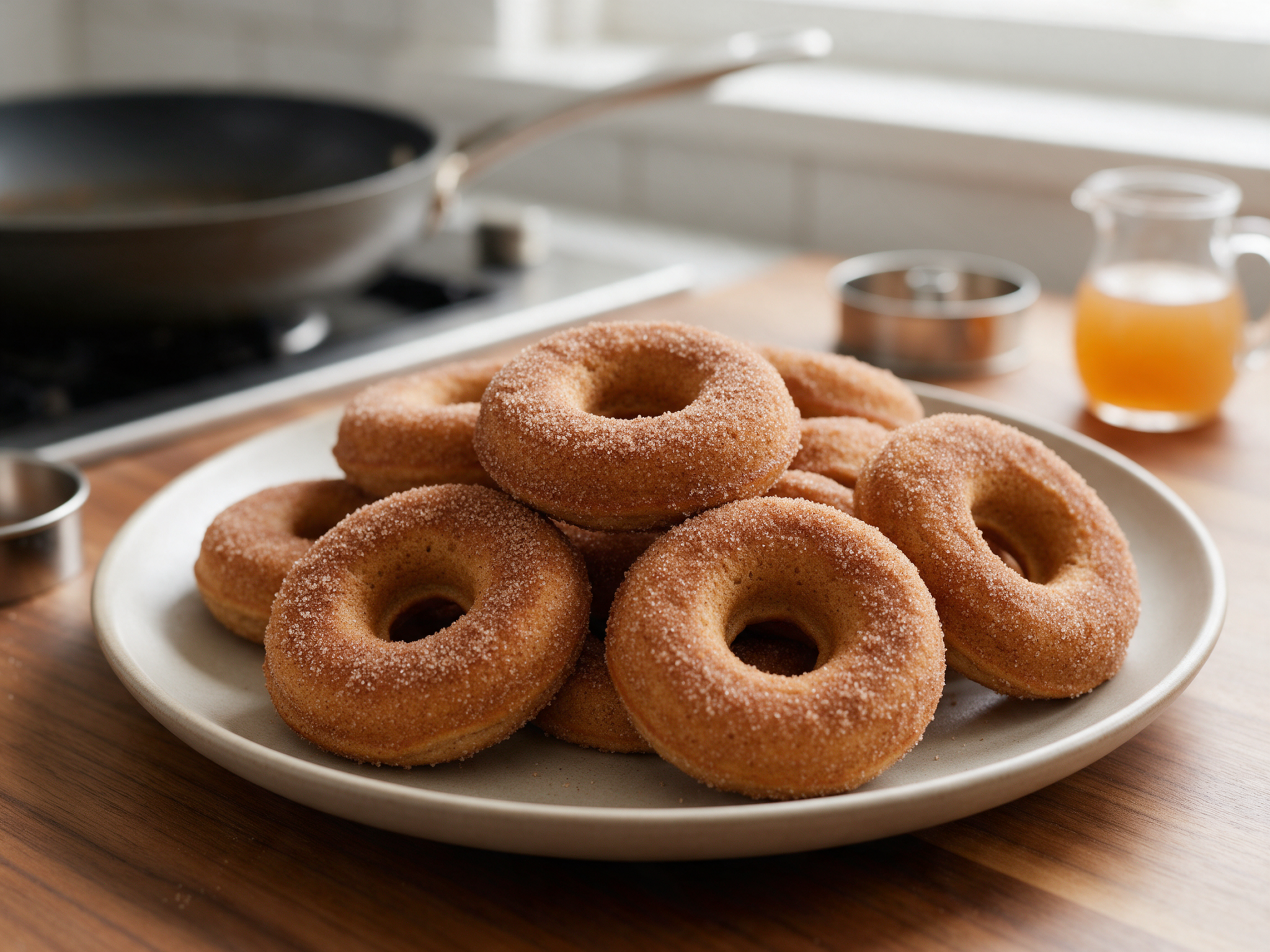 Cinnamon sugar pancake doughnuts on a plate with a skillet behind
