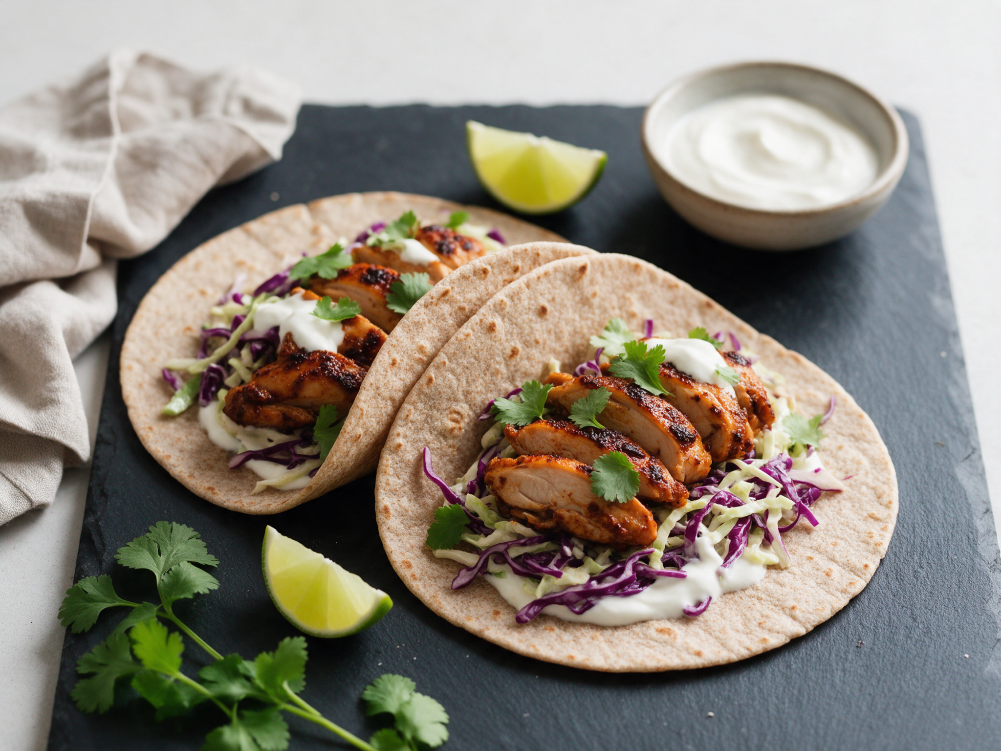 Two spelt tacos filled with sliced chipotle chicken, red cabbage and crema on a dark slate board
