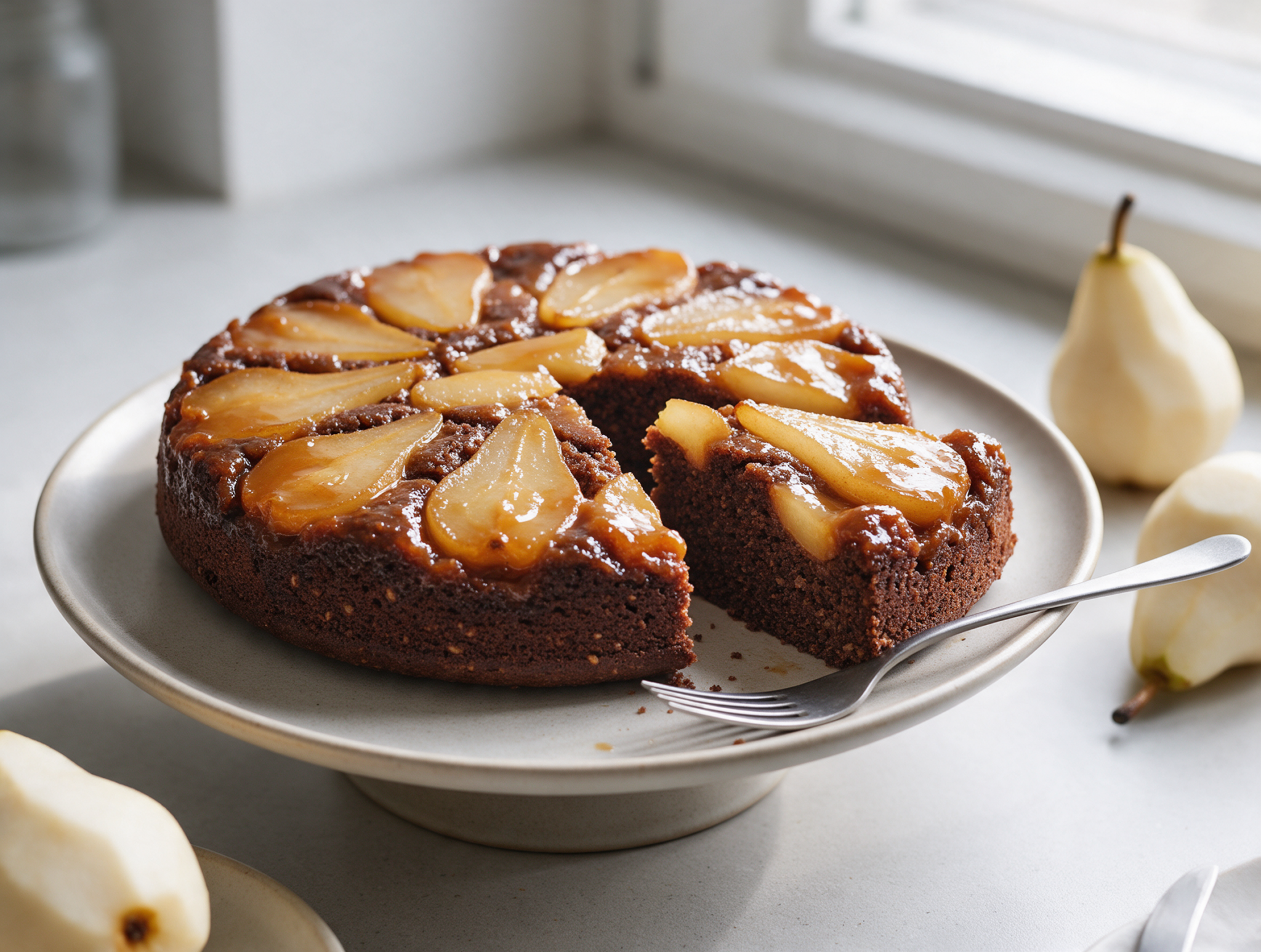 Chocolate pear upside-down cake with glossy caramelized pears on a cake stand