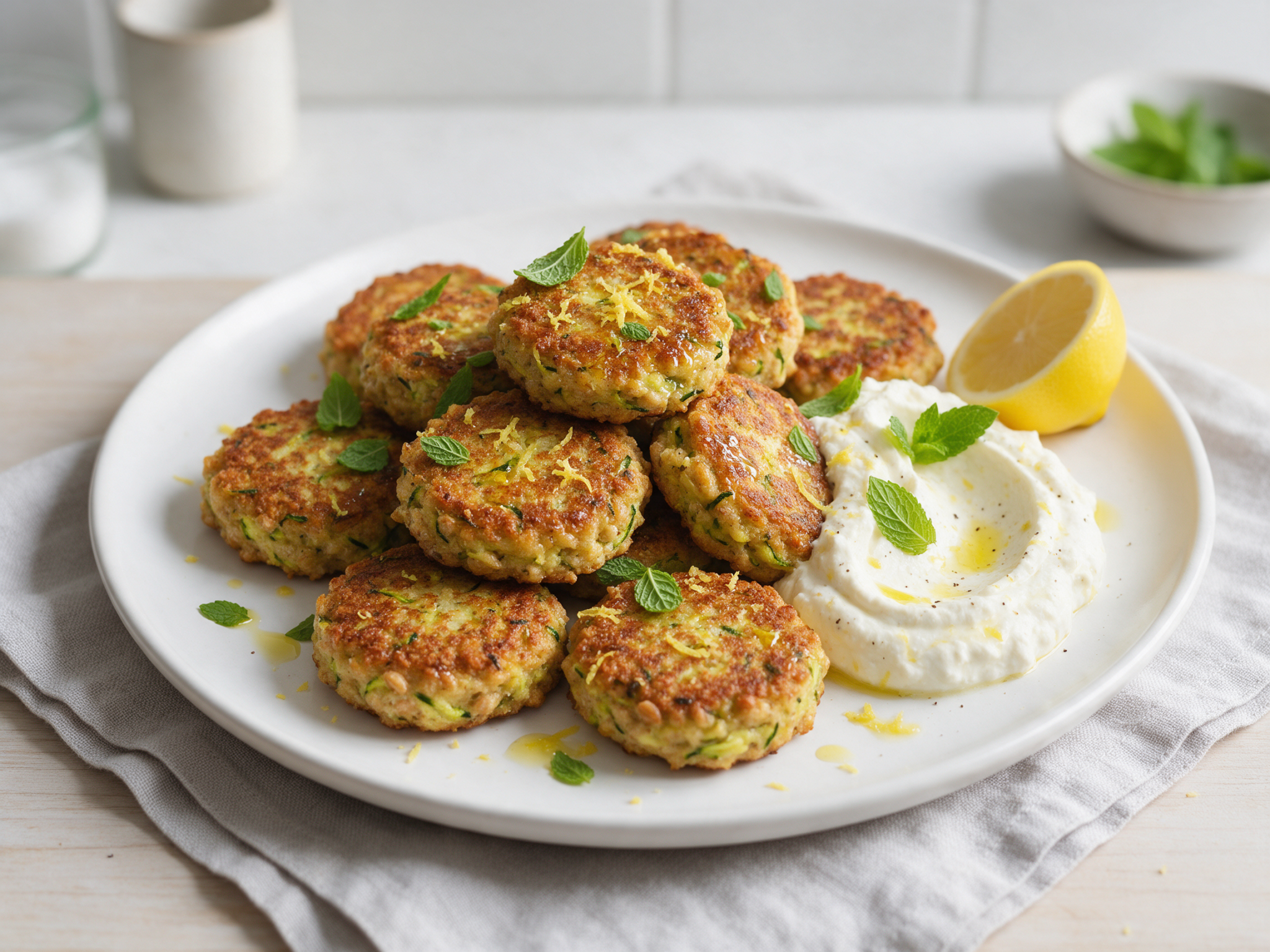 Stack of golden spelt courgette fritters on a white plate with whipped feta, lemon zest and olive oil, top-down view
