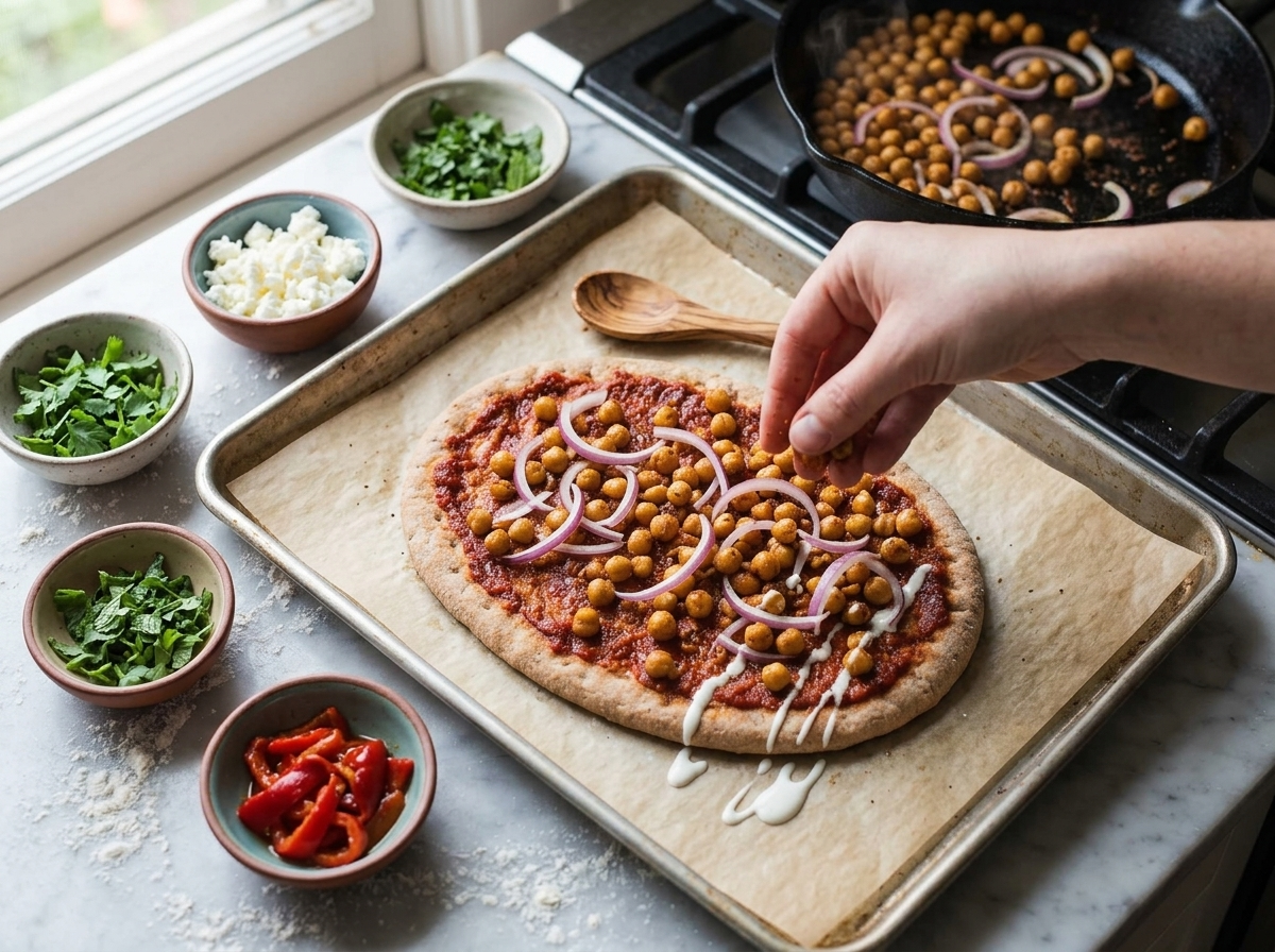 Hands scattering spiced chickpeas and sliced red onion over harissa tomato on a par-baked base