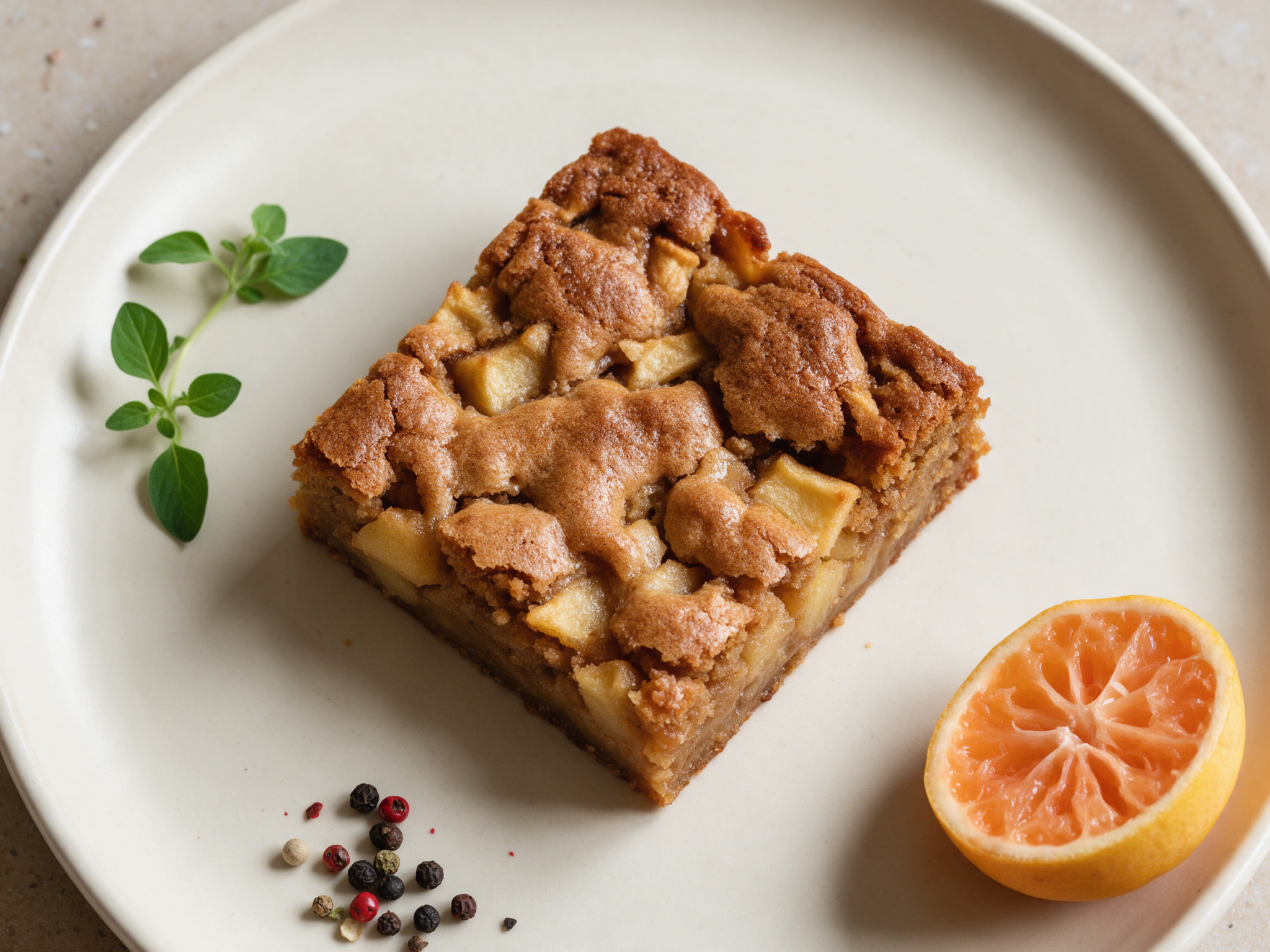 Square apple blondies with golden brown butter tops cut on a wooden board