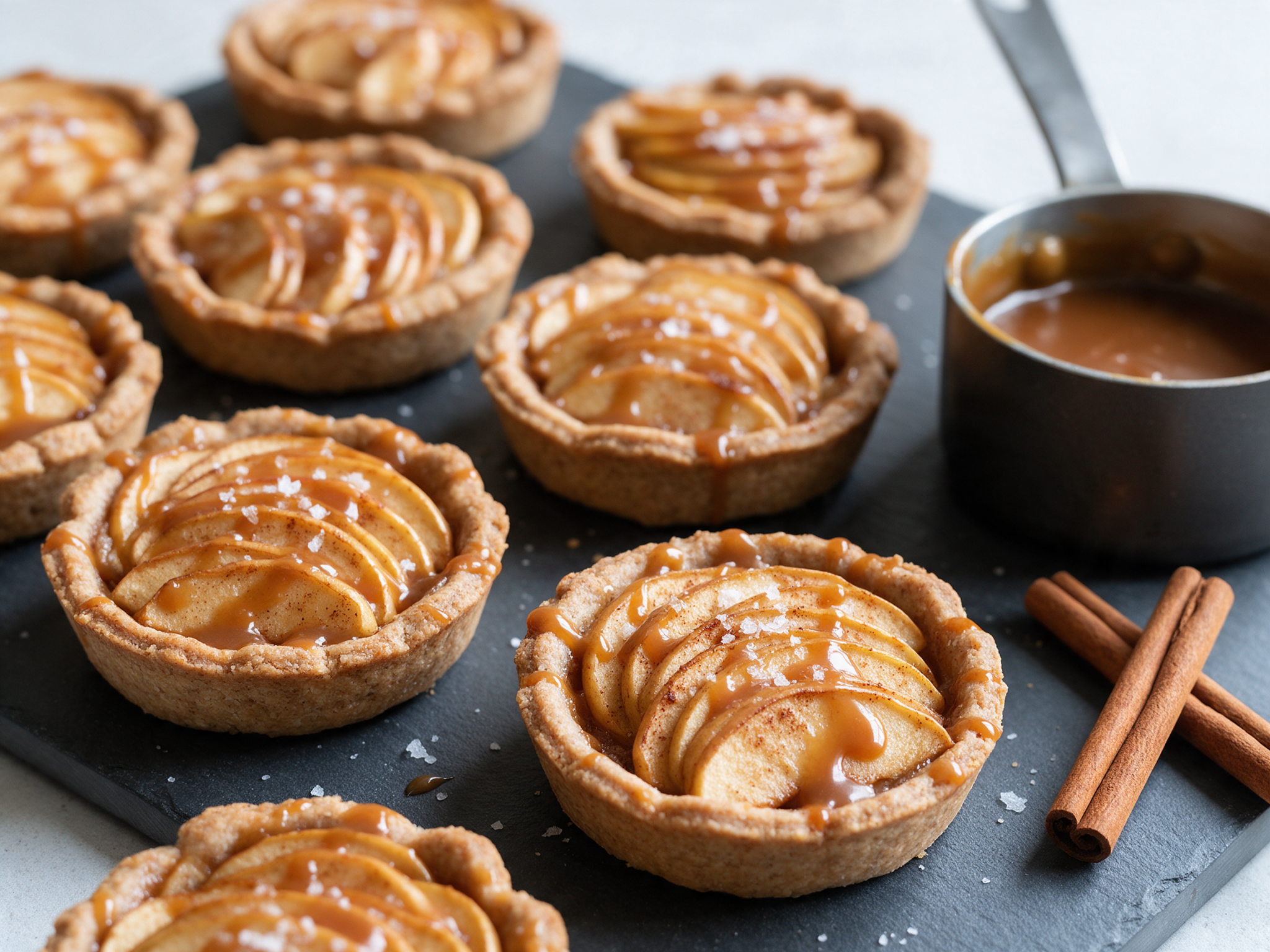 Small spelt apple tartlets with fanned apple slices and caramel and flaky salt