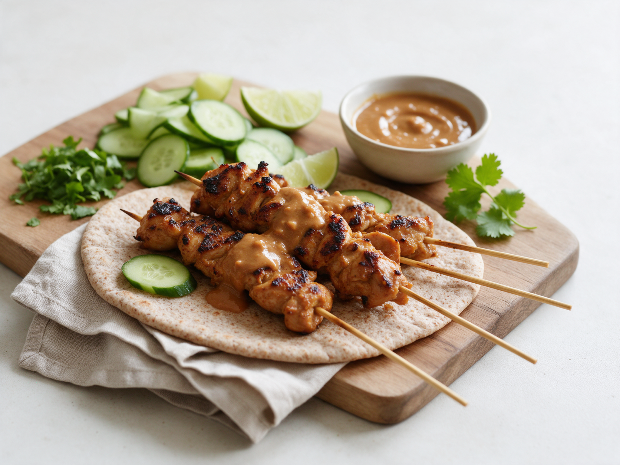 Pan-grilled satay chicken skewers on spelt flatbread with cucumber and cilantro on a wooden board