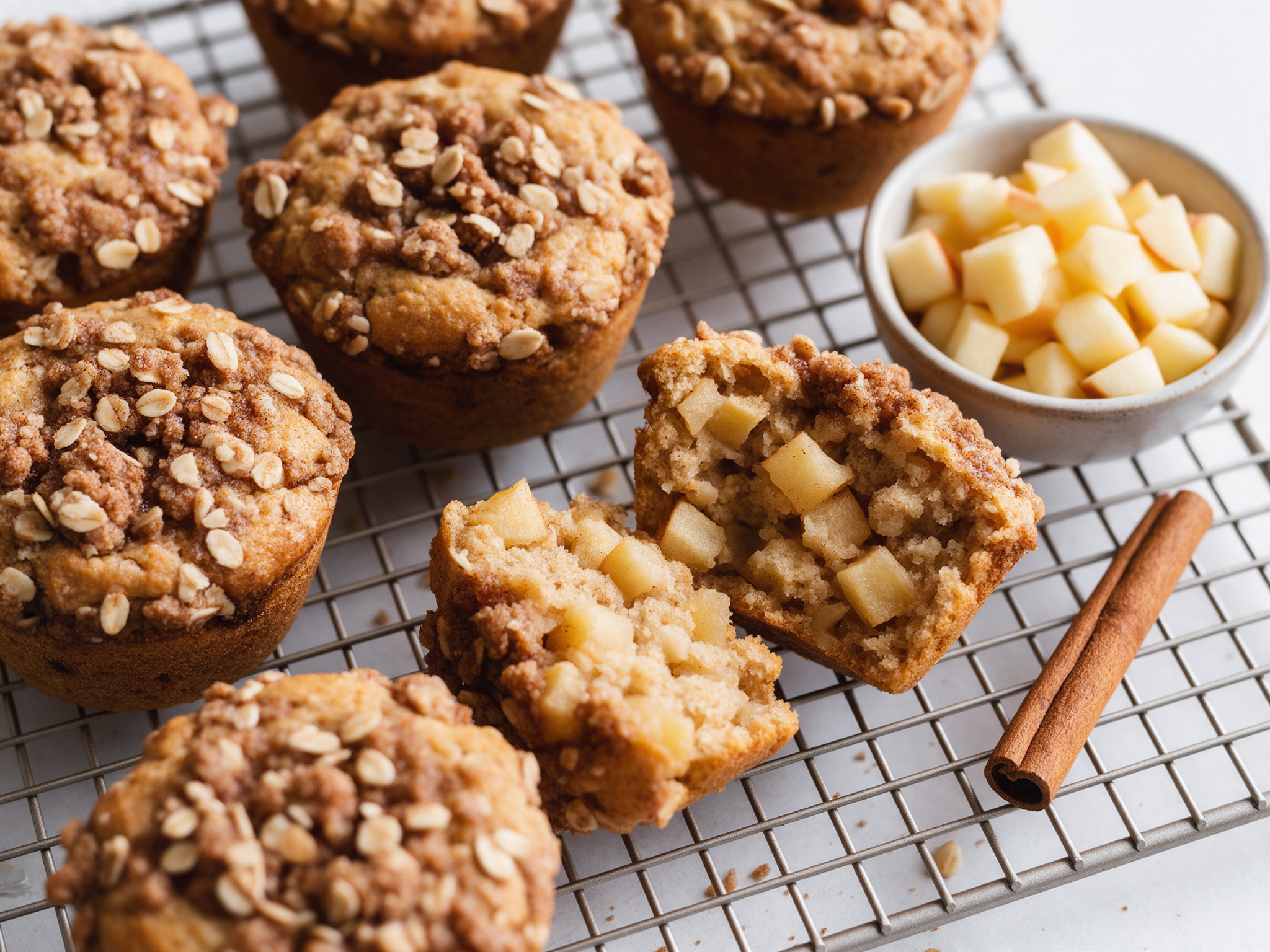 Spelt apple muffins with oat crumble tops on a cooling rack beside diced apples