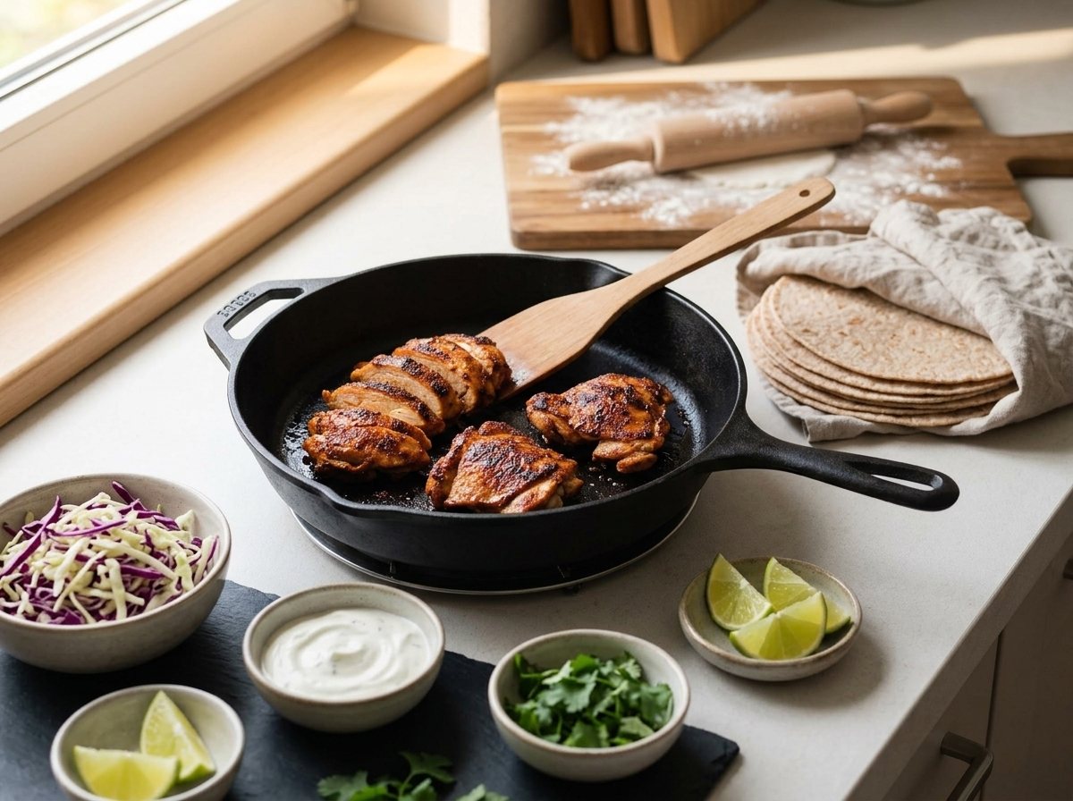 Chicken thighs browning in a cast-iron skillet next to a towel-wrapped stack of fresh tortillas