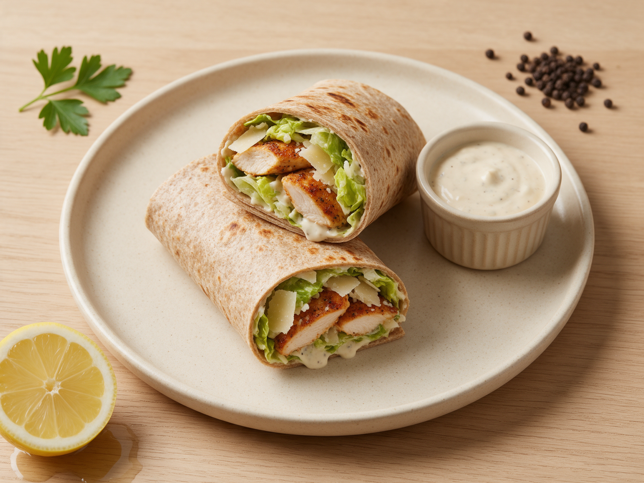 Halved spelt Caesar wrap with sliced chicken, romaine, shaved Parmesan and dressing on a plate