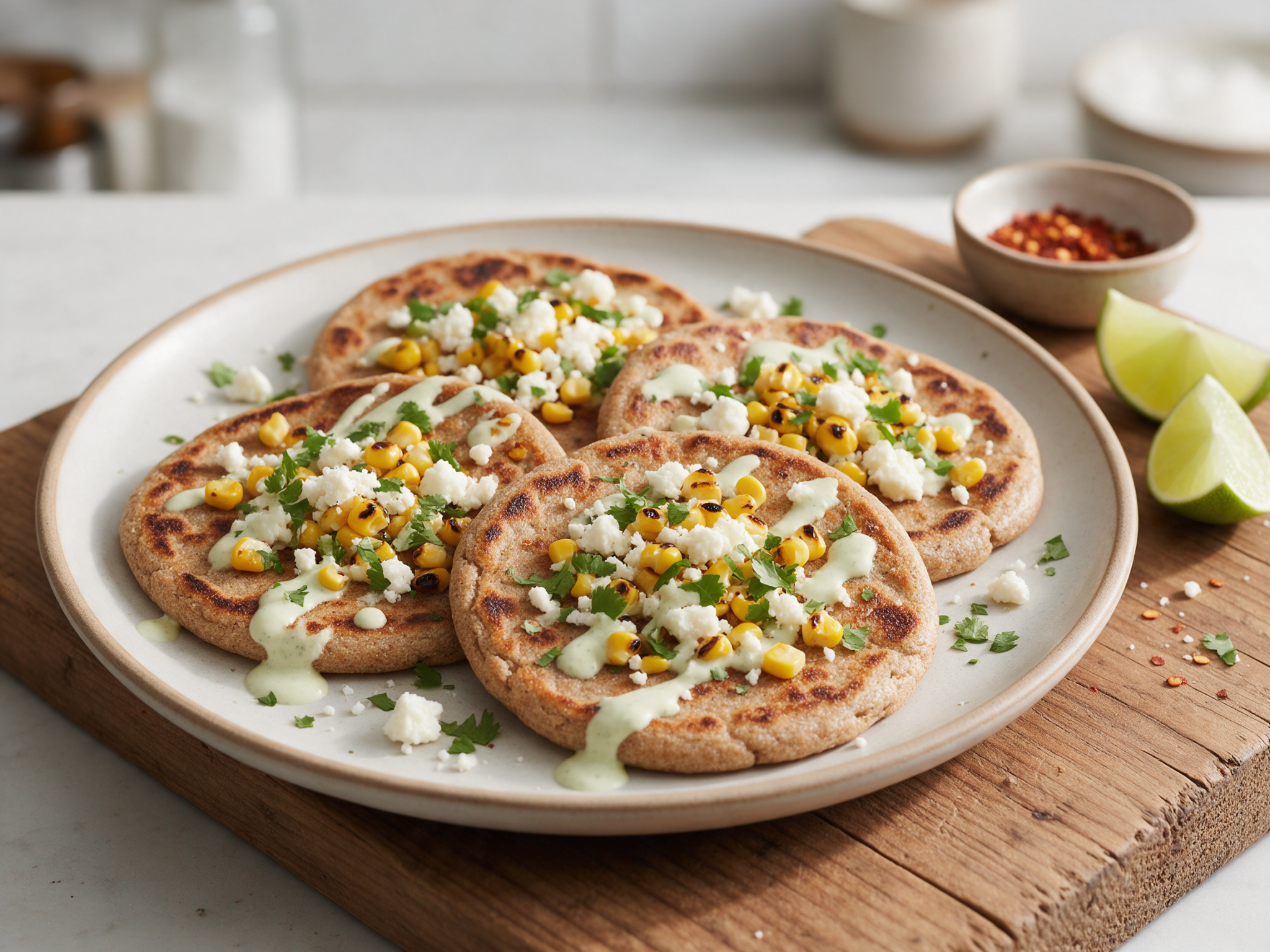 Four spelt flatbreads topped with charred corn, cotija and cilantro on a wooden board beside lime wedges