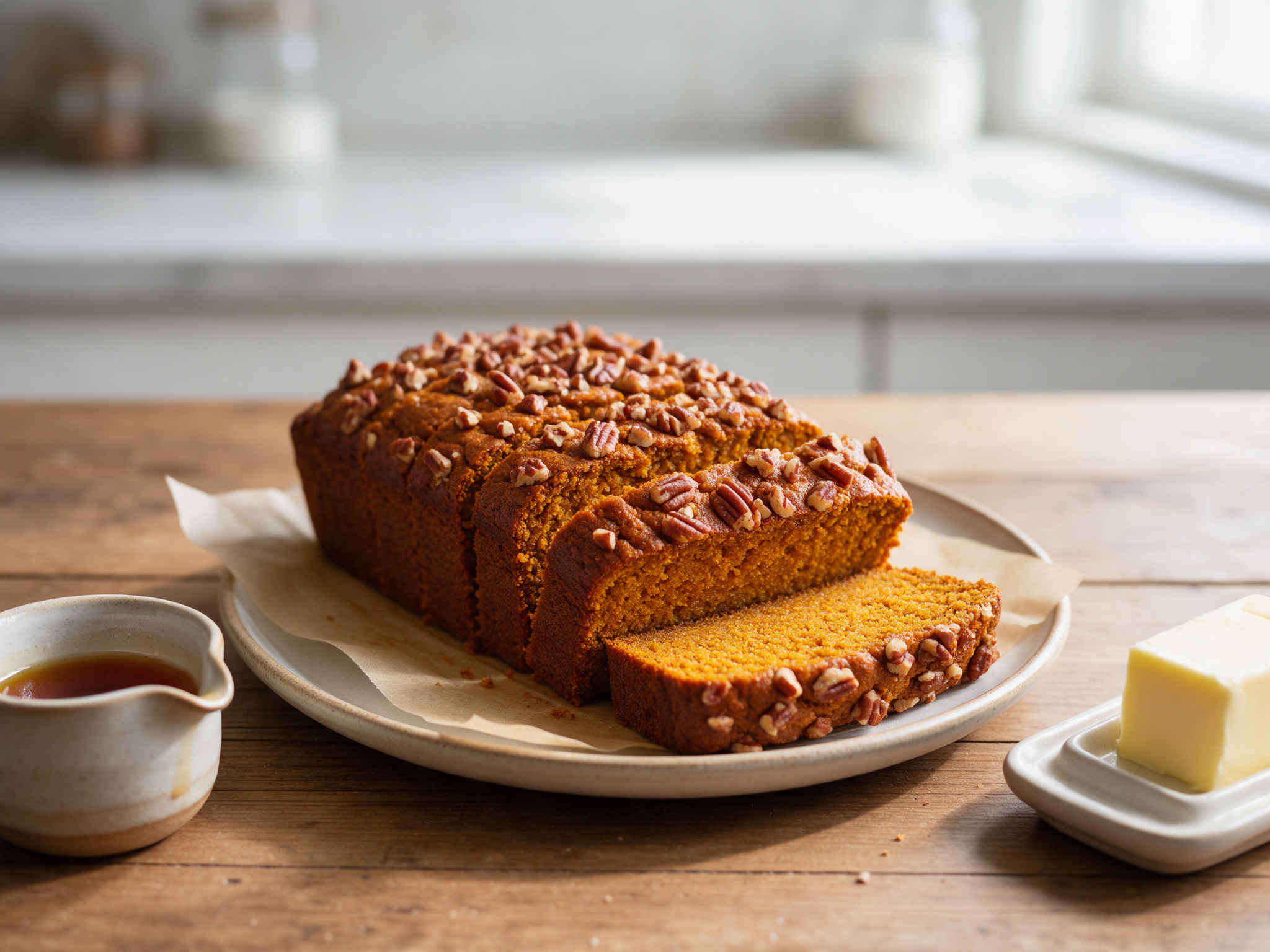 Sliced maple pumpkin loaf with chopped pecans on parchment, with a butter dish