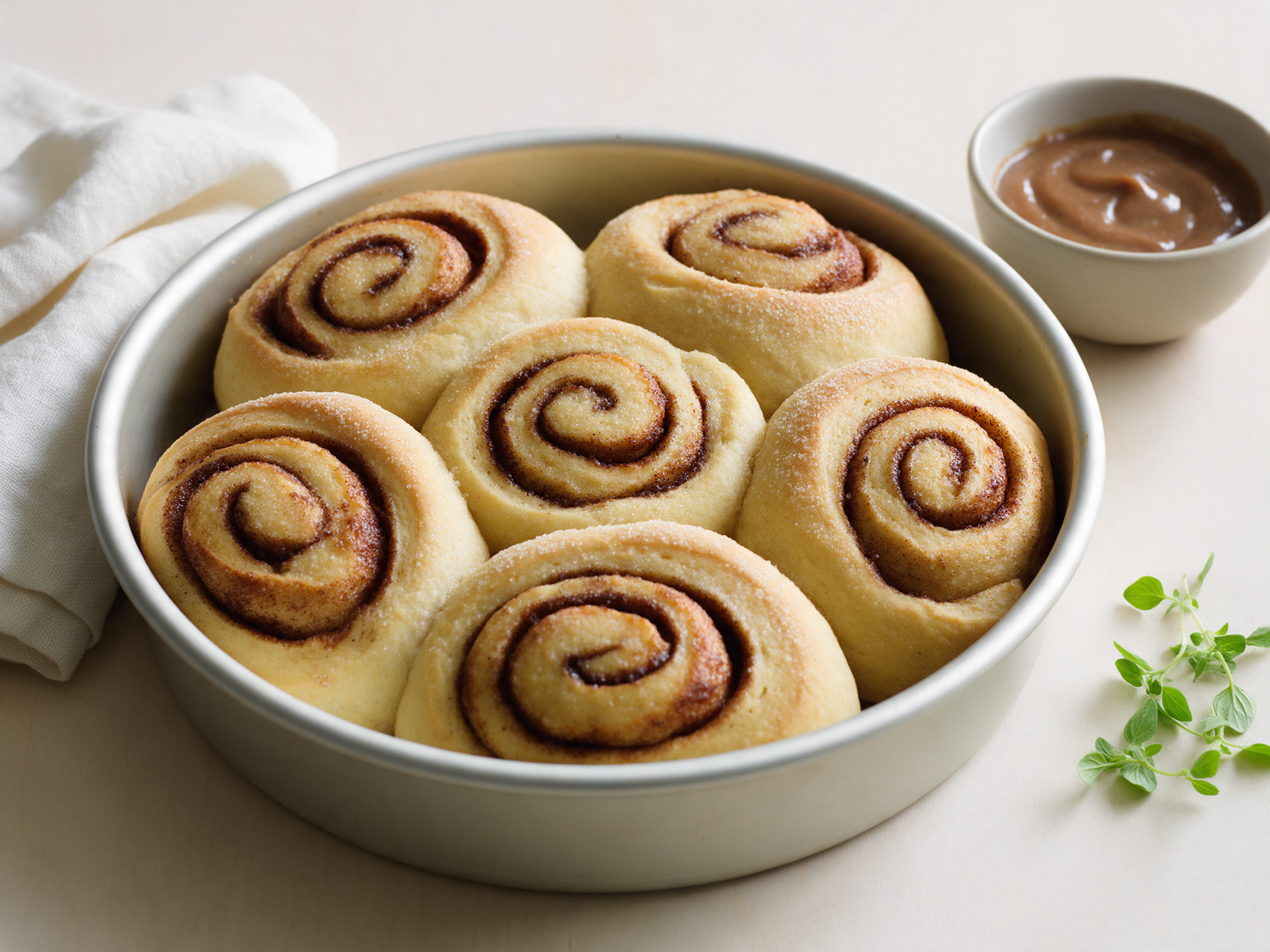 Spiral spelt morning buns coated in cardamom sugar in a baking pan